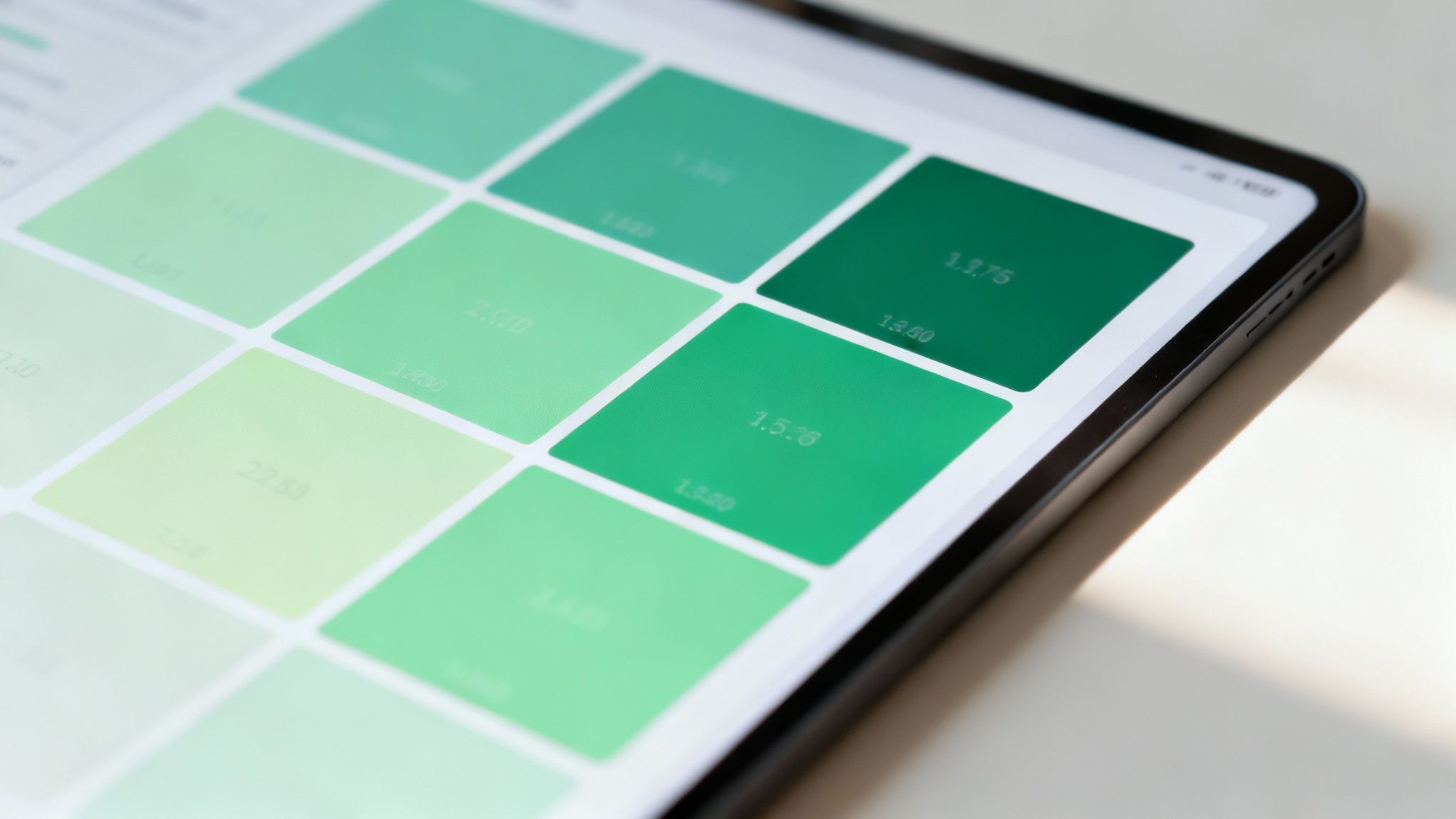 Tablet che mostra una griglia di campioni di colore verde in diverse tonalità su interfaccia digitale