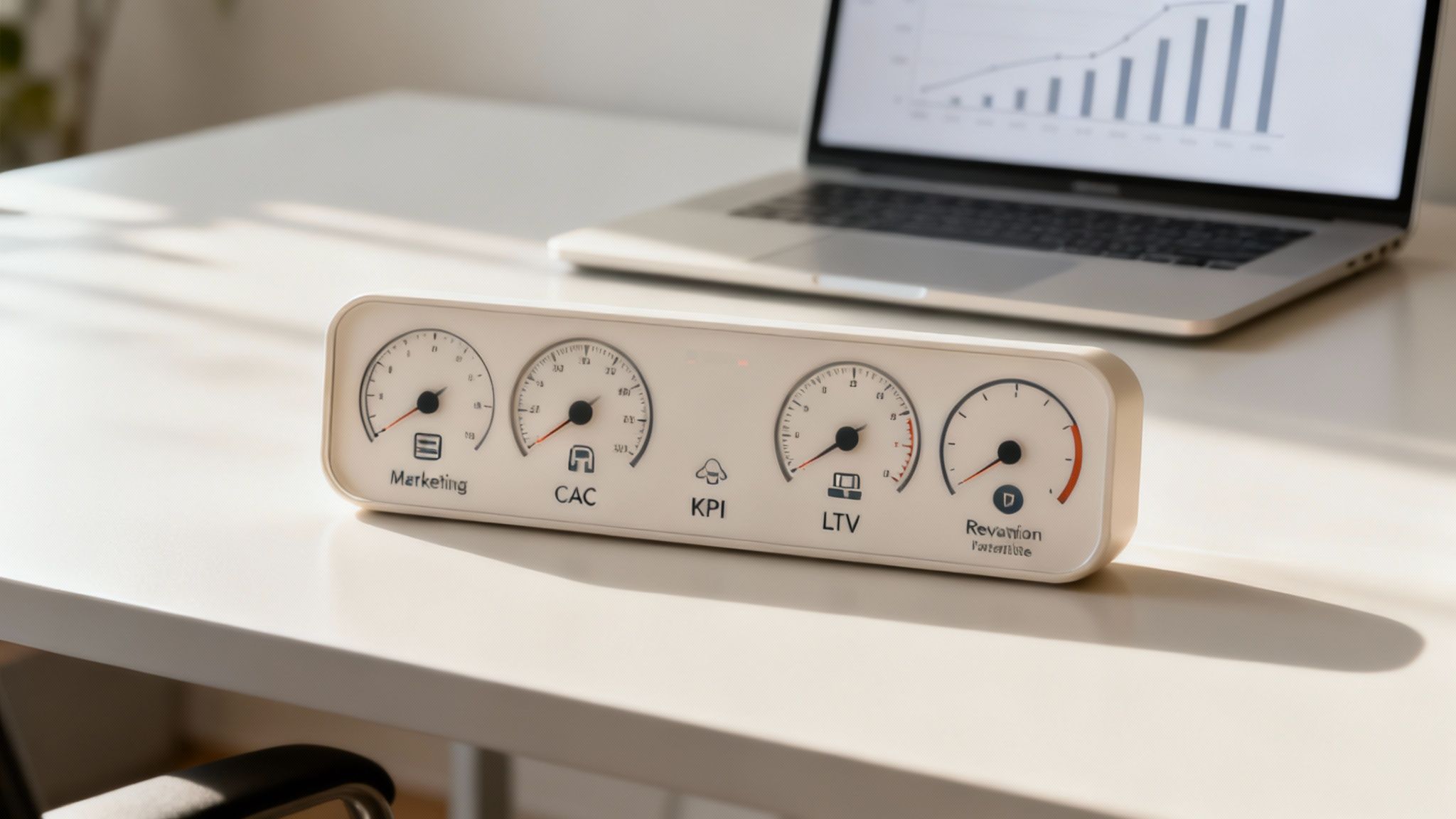 แดชบอร์ดการตลาดพร้อมแผนภูมิและตัวชี้วัดประสิทธิภาพ (KPI) ที่แสดงบนแท็บเล็ต