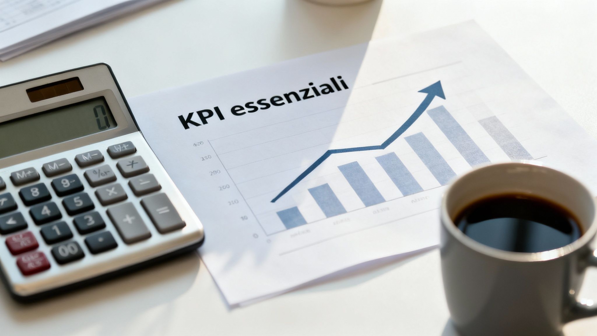 แผนภูมิ KPI ที่สำคัญ แสดงแนวโน้มที่เพิ่มขึ้น เครื่องคิดเลข และกาแฟวางอยู่บนโต๊ะสำหรับการวิเคราะห์ธุรกิจ