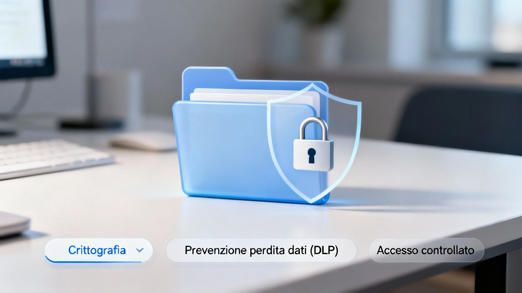 Icona di sicurezza dati con cartella, scudo e lucchetto, che simboleggia crittografia, prevenzione perdita dati e accesso controllato.