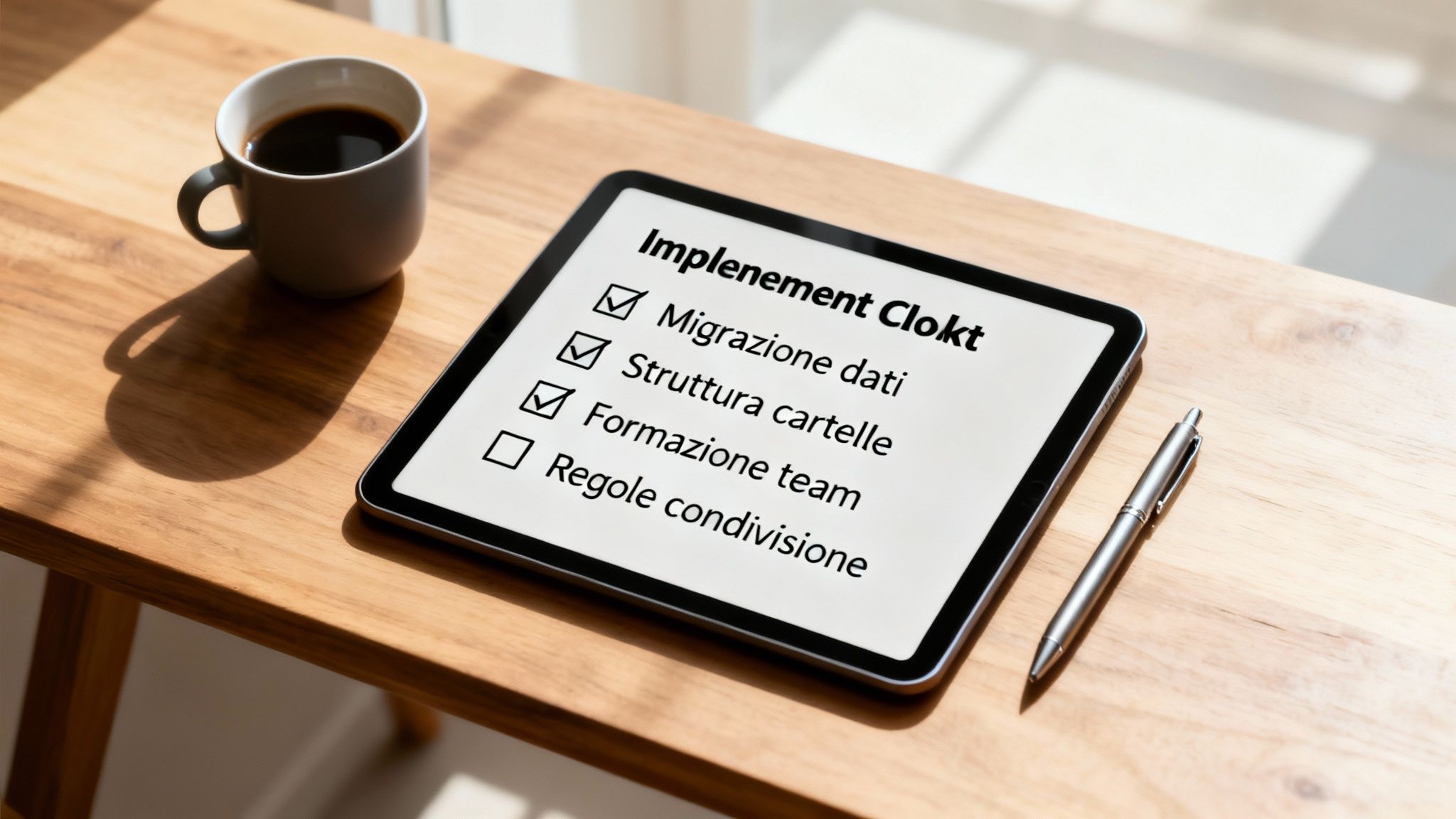 Tableta sobre escritorio de madera con lista de verificación digital «Implementación Clokt», junto a un café y un bolígrafo.