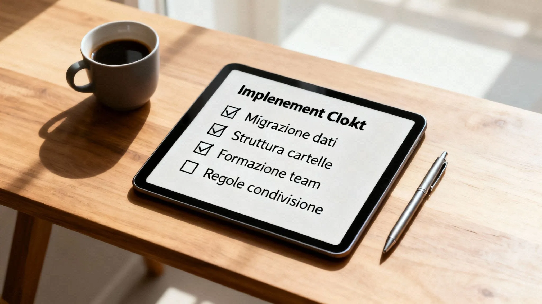 Tablet su scrivania in legno con checklist digitale 'Implementazione Clokt', affiancato da caffè e penna.