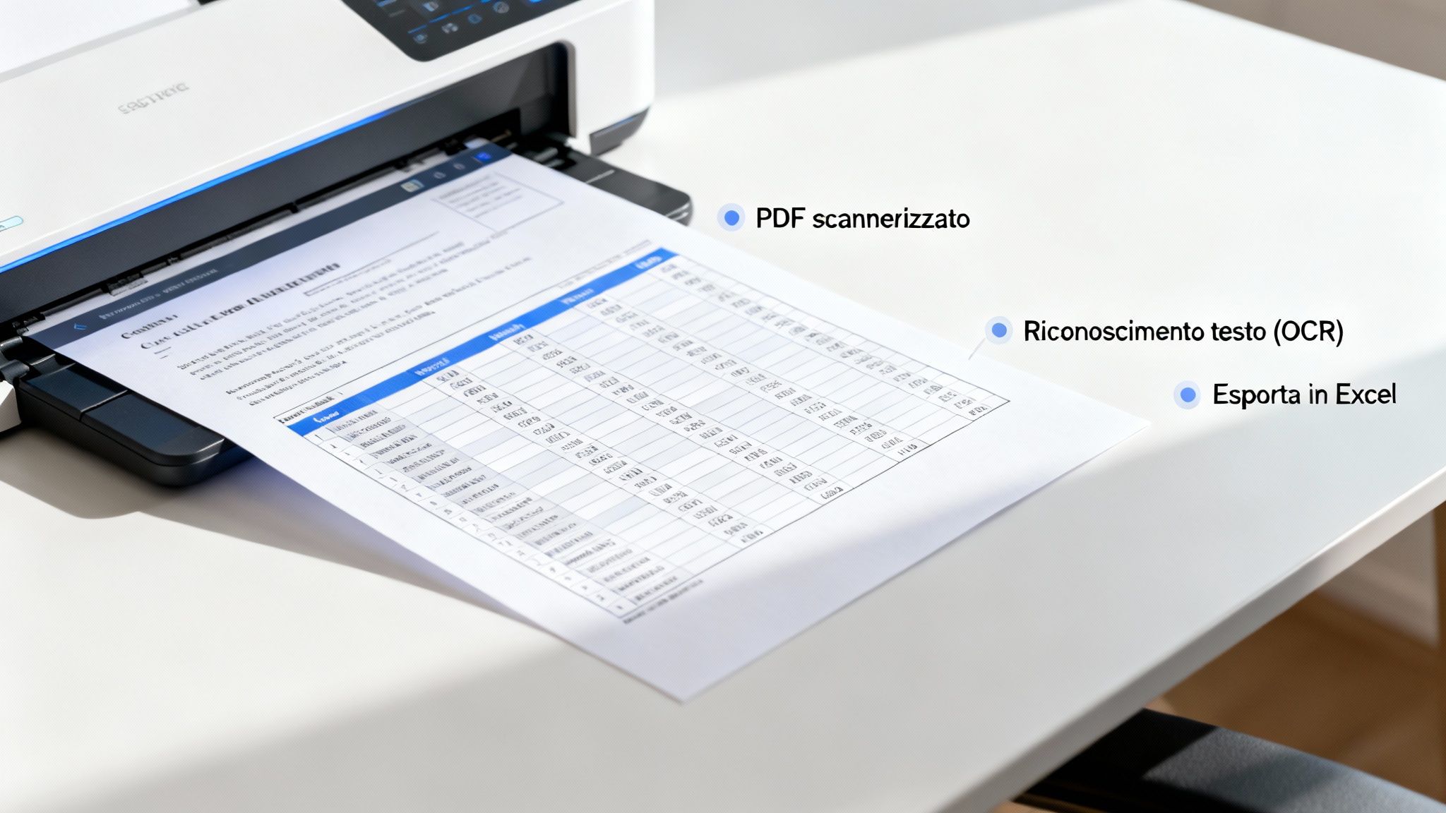 Impresora multifunción que escanea documentos con opciones para PDF, reconocimiento de texto OCR y exportación a Excel.
