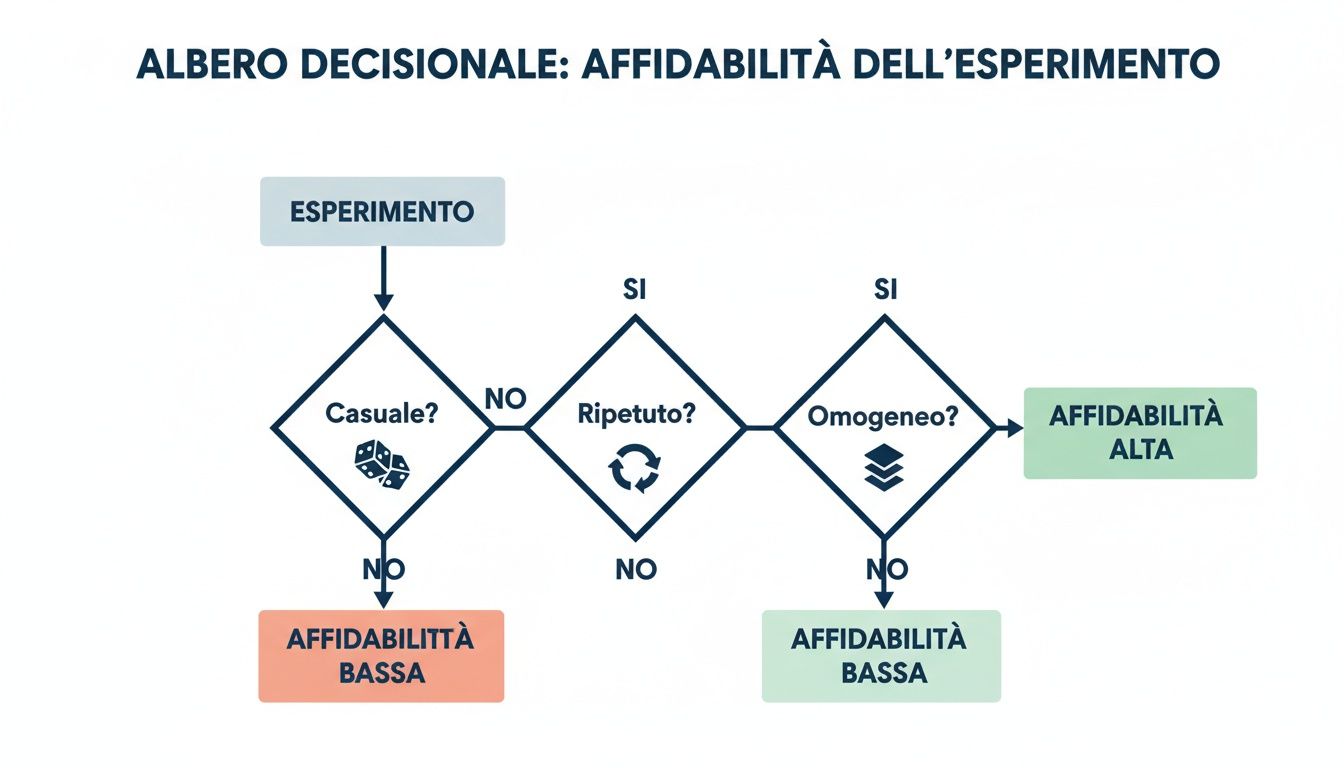 Diagrama de flujo de decisión sobre la fiabilidad de un experimento, con criterios aleatorios, repetidos y homogéneos.