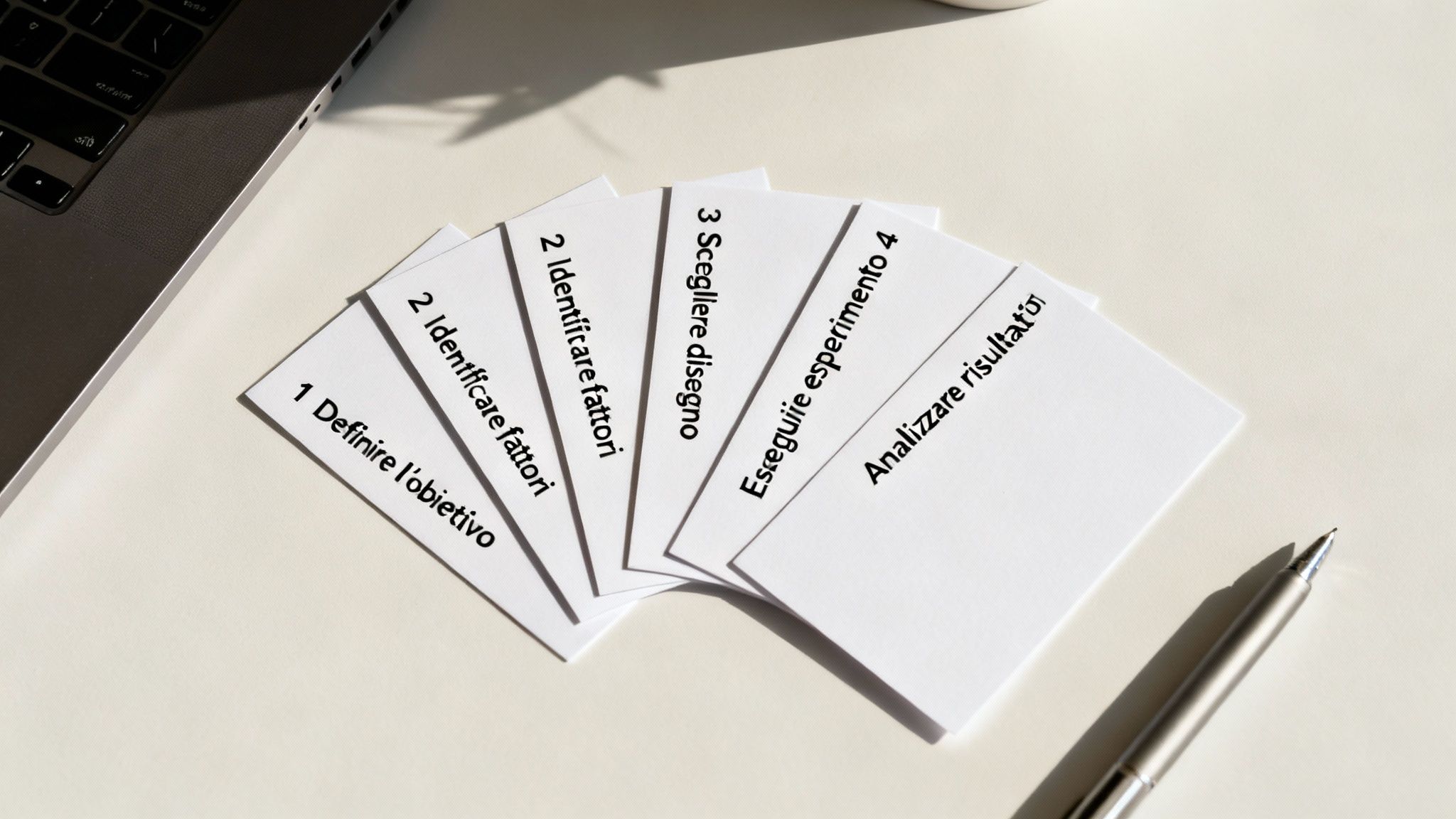 Cartas en blanco con los pasos para el diseño de experimentos, ordenador portátil y bolígrafo sobre una mesa blanca.