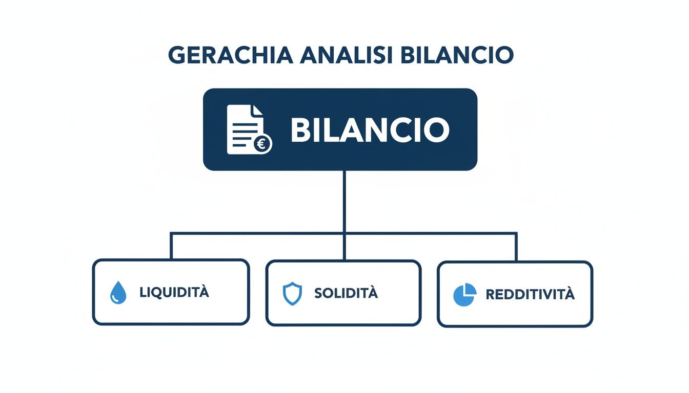 Diagrama jerárquico que muestra el análisis del balance dividido en liquidez, solidez y rentabilidad.