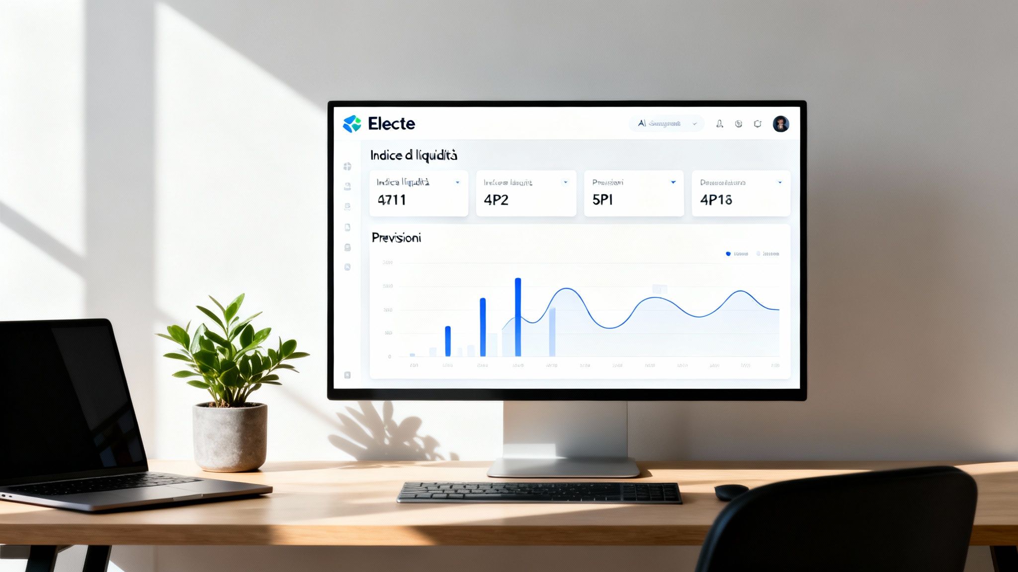 Panel de control Electe monitor con gráficos y datos financieros, ordenador portátil y plano sobre escritorio de madera.