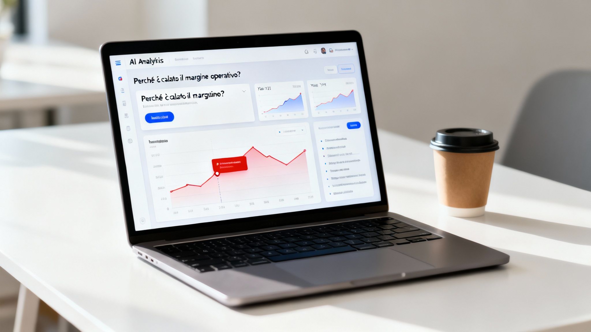 置於白色書桌上的筆記型電腦，顯示著帶有圖表與義大利文文字的企業分析儀表板，旁邊放著一杯咖啡。