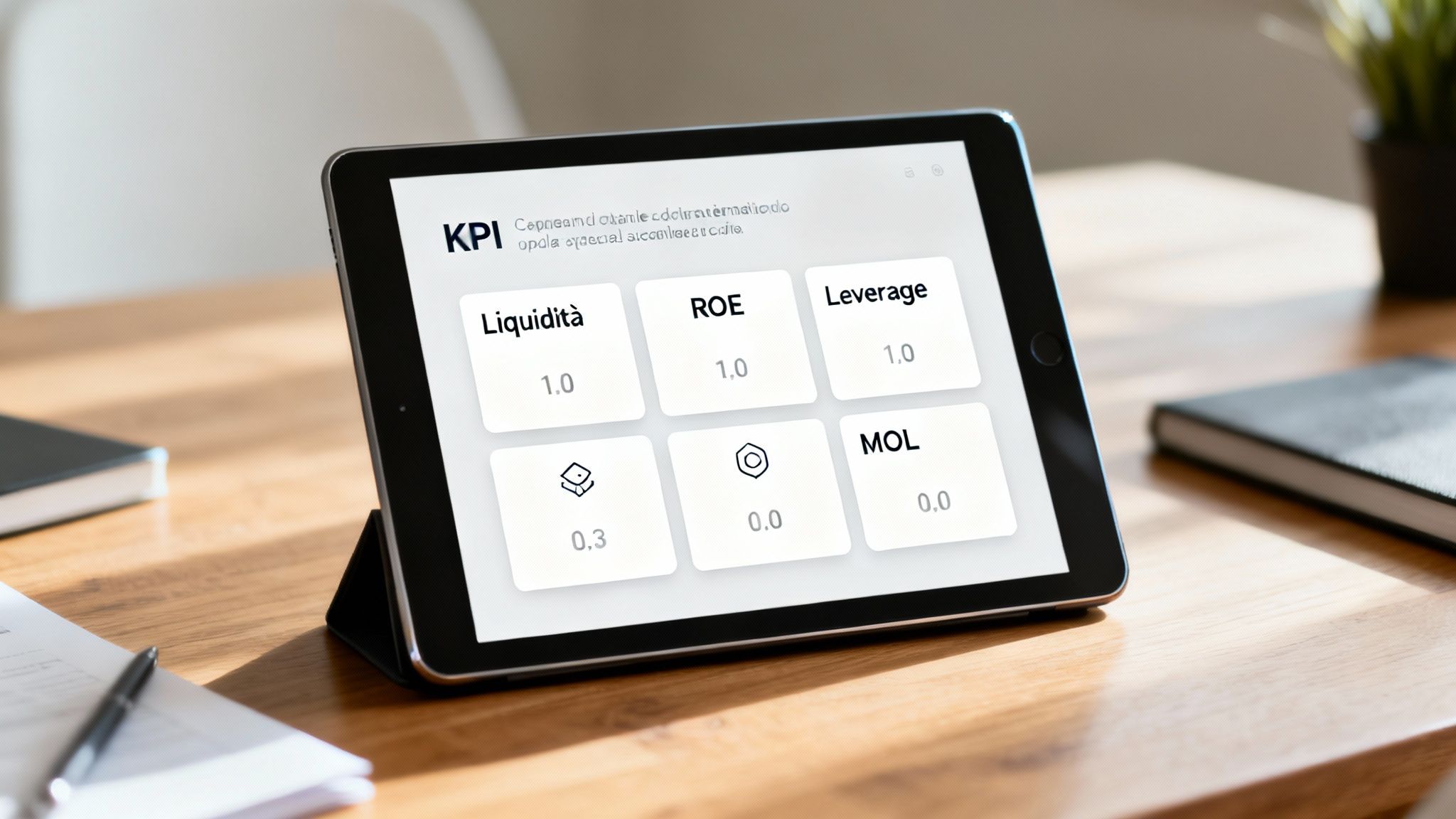 一台平板電腦在桌上顯示著KPI儀表板，上面標示著流動性、股東權益報酬率（ROE）和槓桿比率等財務指標。