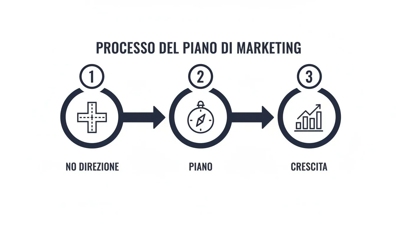 Infografic privind procesul planului de marketing în trei etape: fără direcție, plan și creștere clară.