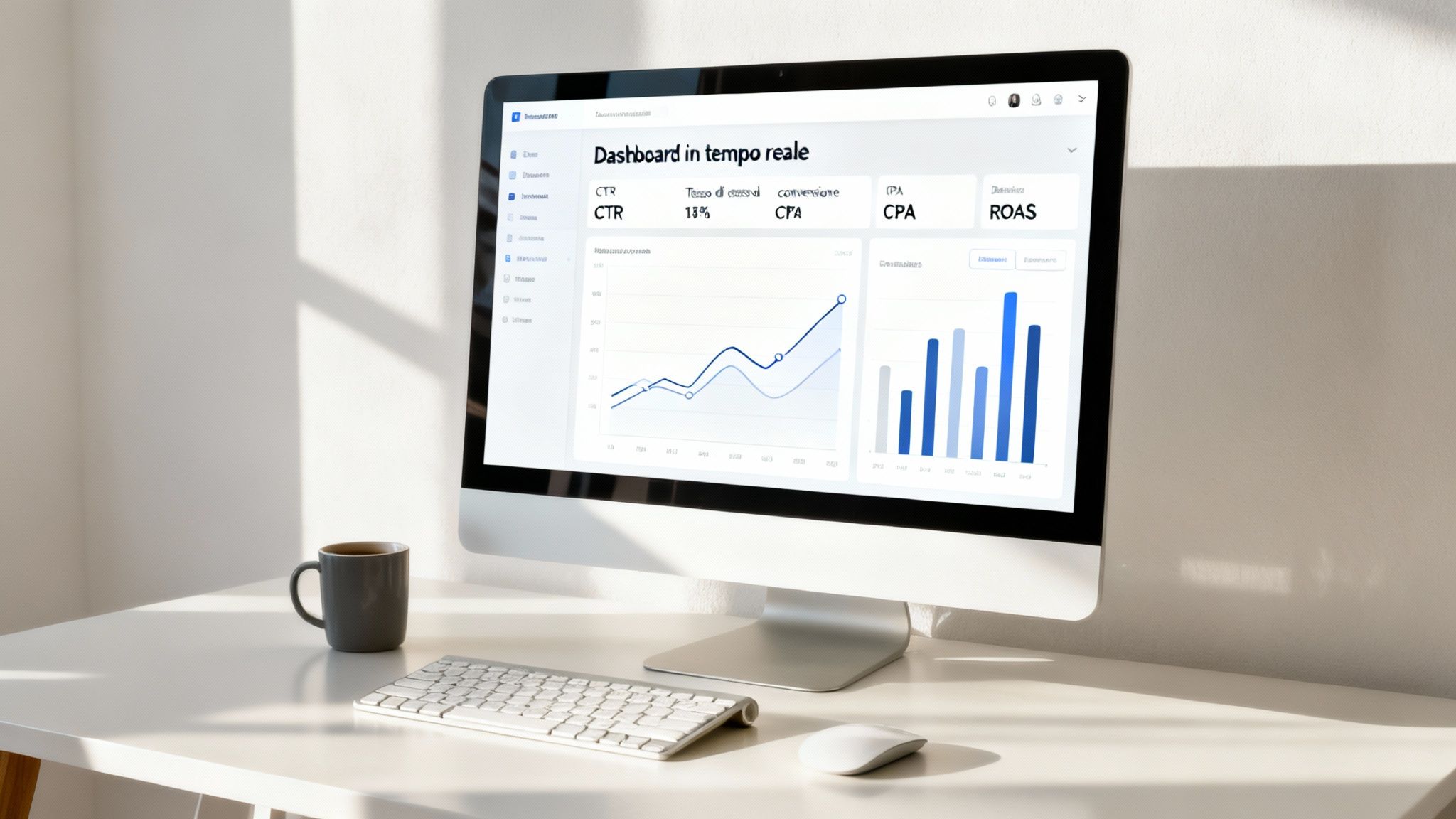 Monitor de ordenador sobre un escritorio blanco con panel de control de marketing, teclado, ratón y taza de café.