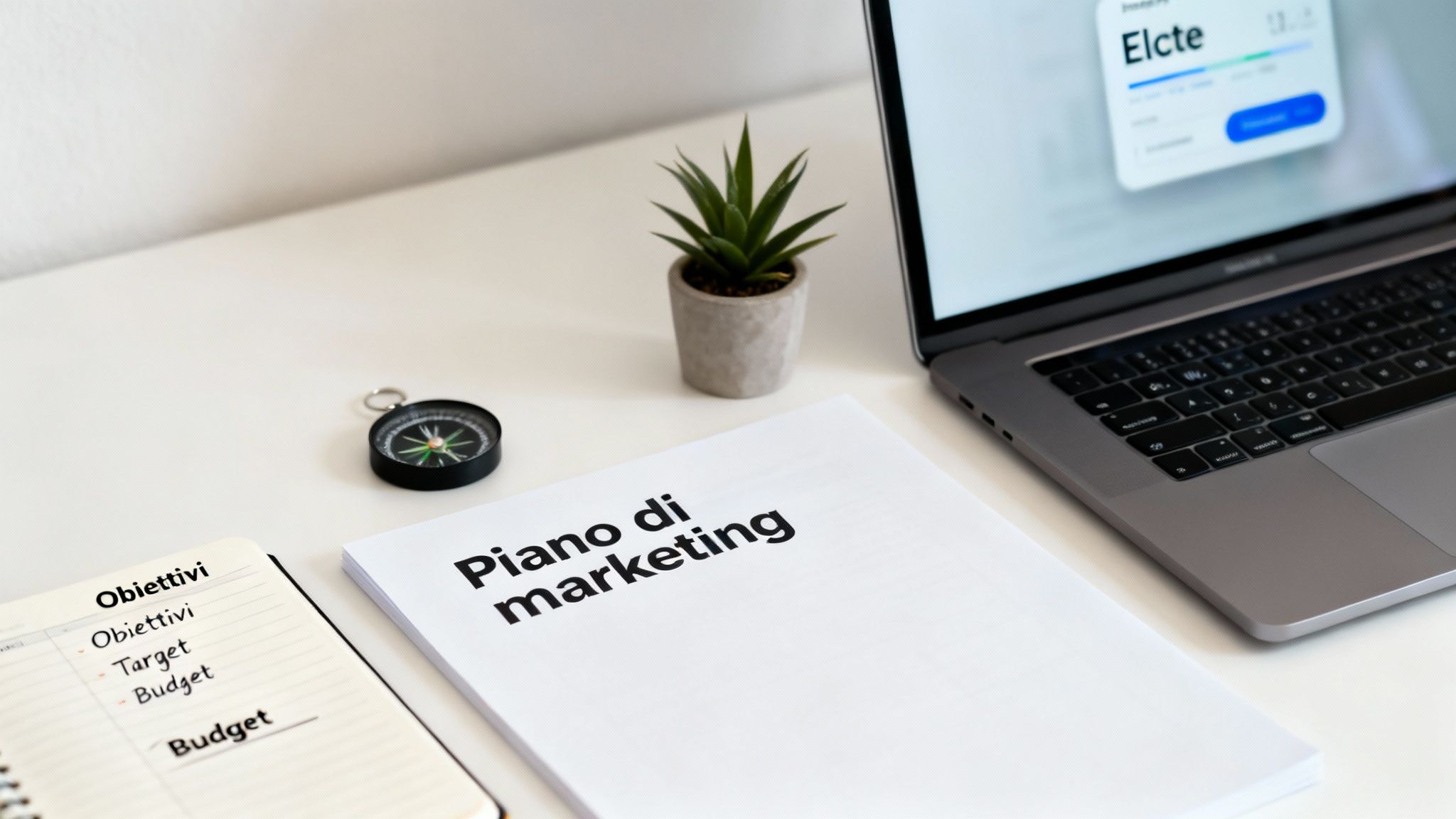 Un plan de marketing sobre un escritorio blanco, junto a un cuaderno con objetivos, un ordenador portátil y una brújula, que simbolizan la dirección estratégica.