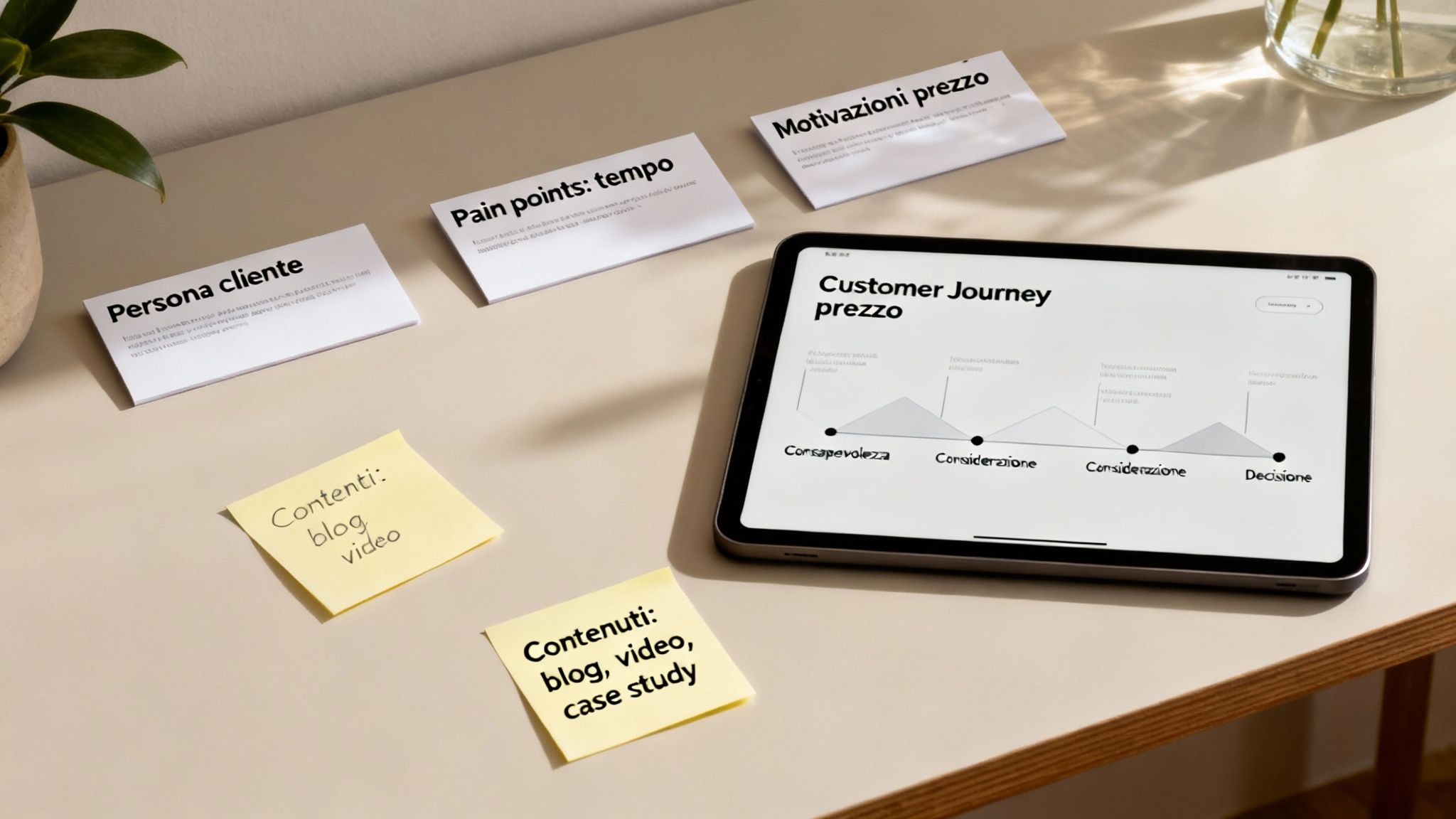 Escritorio con herramientas para un plan de marketing: fichas, post-its y tableta que muestra el recorrido del cliente.