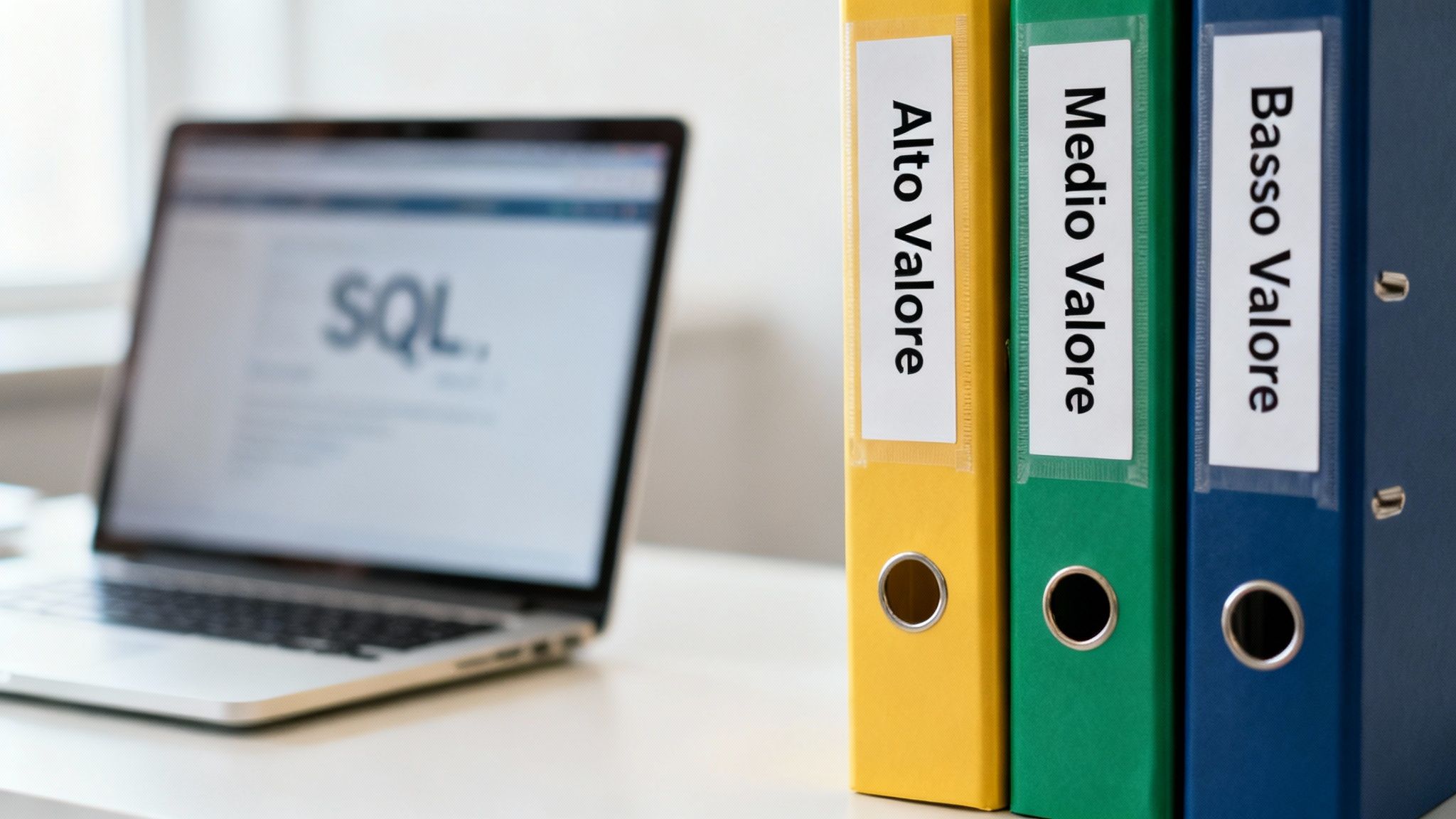 Tre raccoglitori colorati, etichettati 'Alto Valore', 'Medio Valore' e 'Basso Valore', accanto a un laptop che mostra 'SQL'.