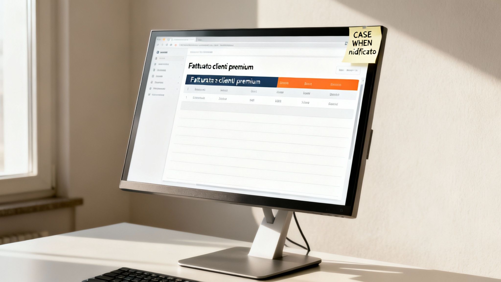 Monitor del computer mostra una tabella di fatturato clienti premium e una nota adesiva con 'CASE WHEN nidificato'.