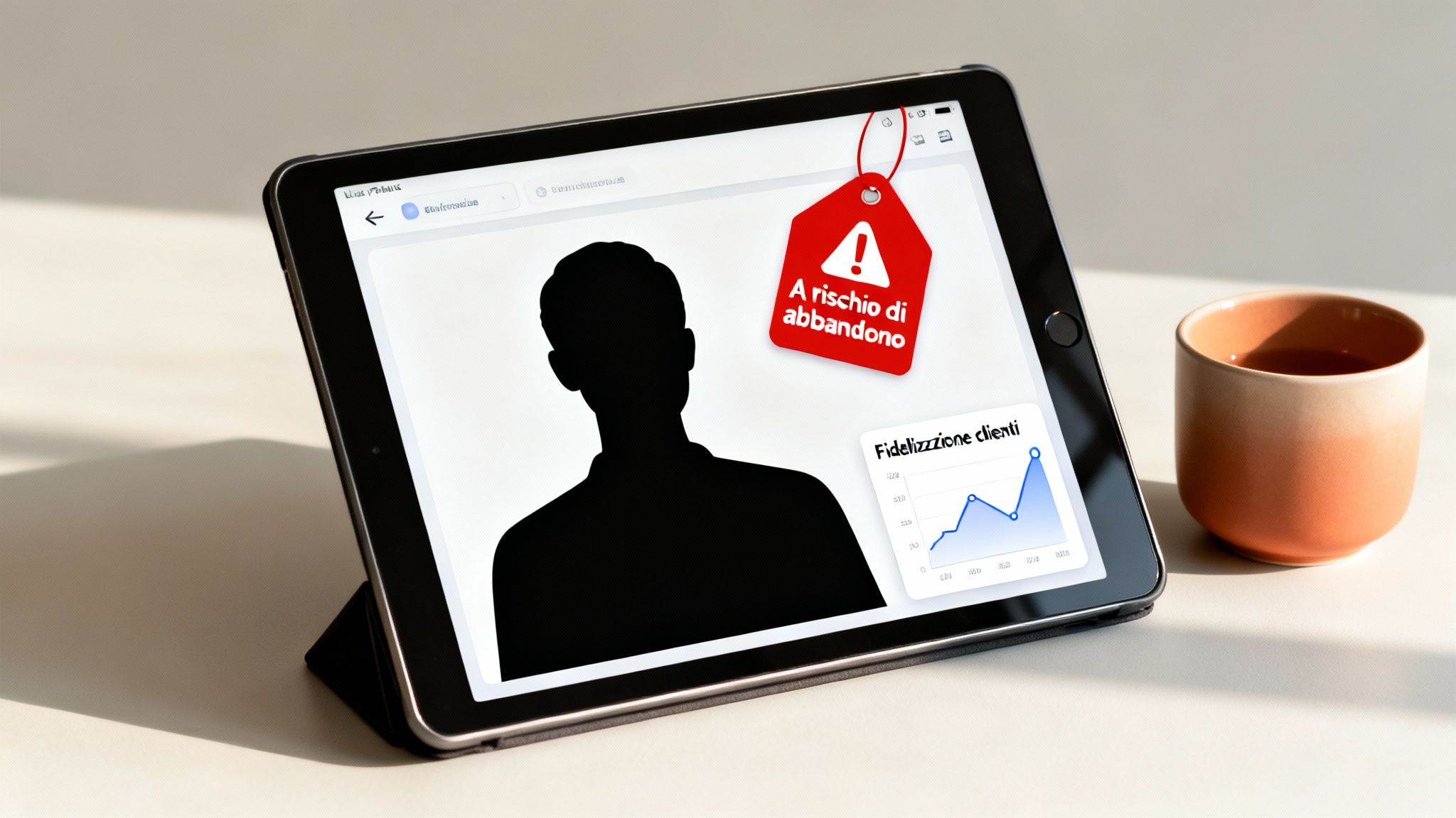 O tabletă afișează profilul unui utilizator cu risc de abandon, împreună cu un grafic al loialității clienților și o ceașcă de ceai.