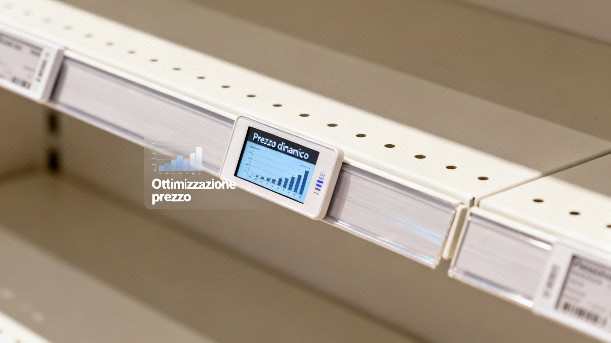 O etichetă digitală cu textul „Prețuri dinamice” și un grafic cu bare pe un raft gol, care arată optimizarea prețurilor.