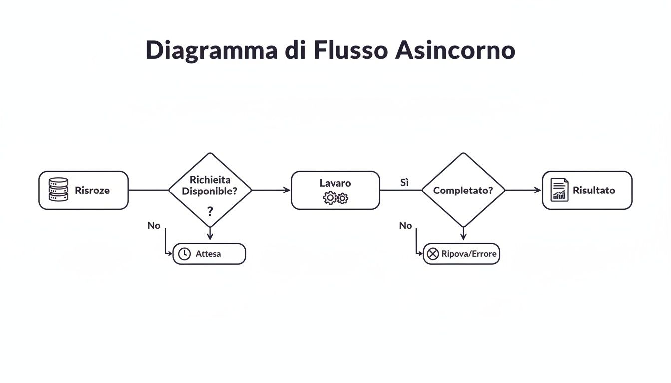 Diagrama de flujo asíncrono que ilustra un proceso con gestión de recursos, espera, trabajo y gestión de errores.