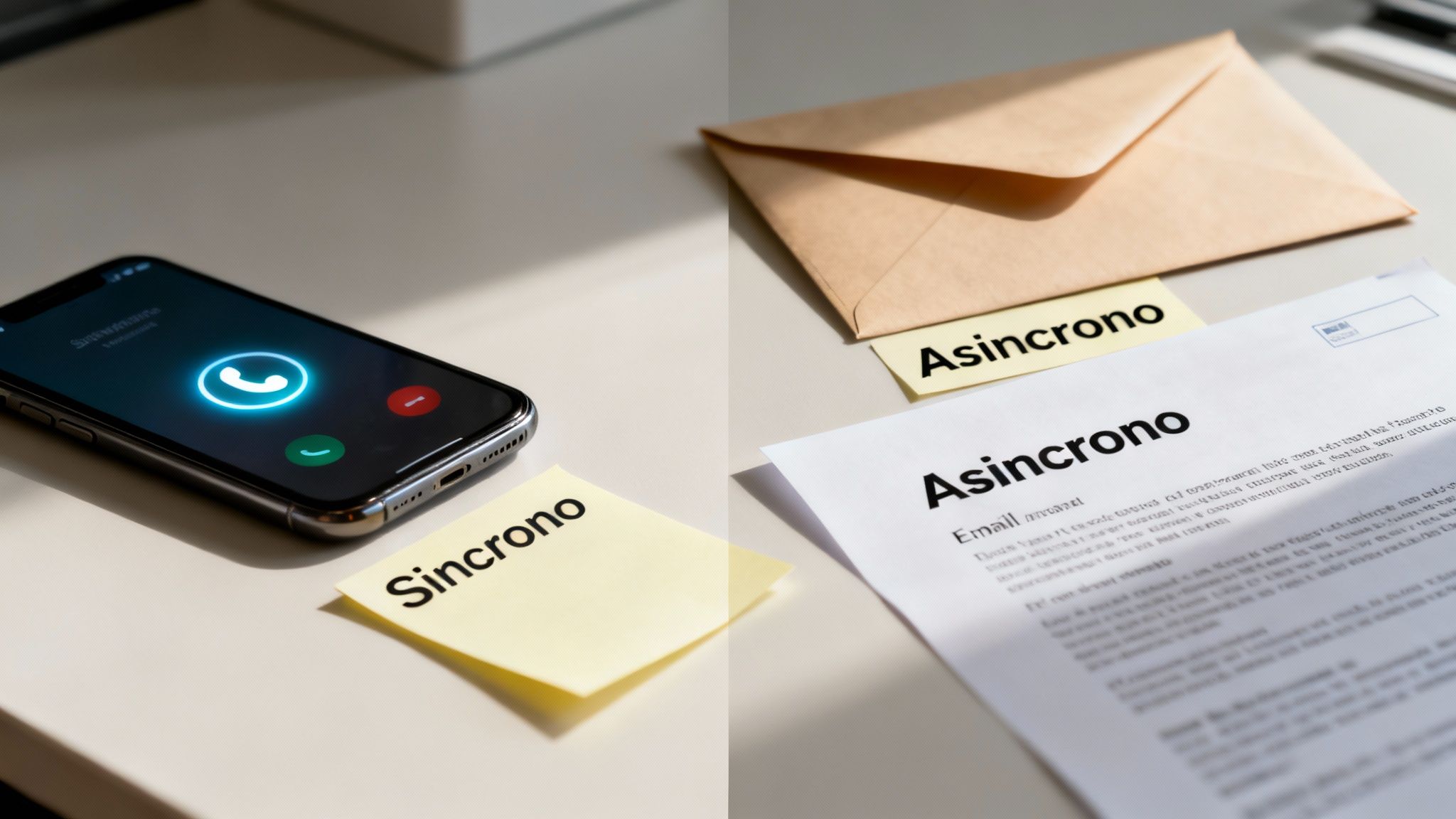 Imagen que ilustra la comunicación sincrónica (llamada telefónica) y asincrónica (correo electrónico, carta).