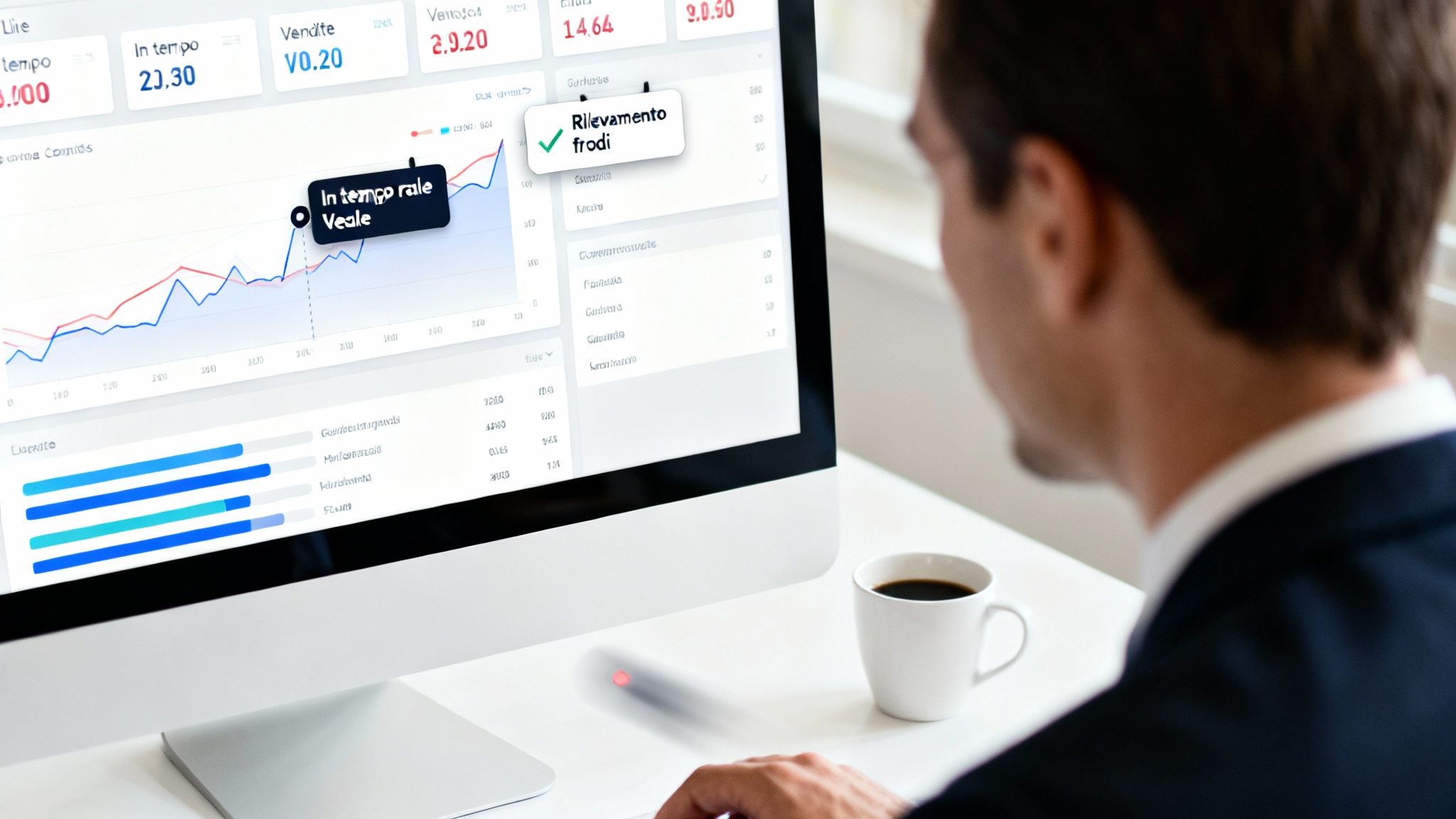 Hombre de negocios mirando un panel de control en el monitor con datos, gráficos y notificaciones de detección de fraudes, con una taza de café.