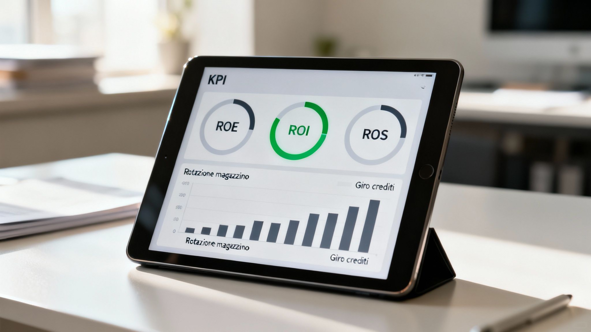 Une tablette affiche un tableau de bord KPI avec des graphiques représentant le ROI, le ROE, le ROS, la rotation des stocks et le taux de rotation des créances sur un bureau, à des fins d'analyse commerciale.
