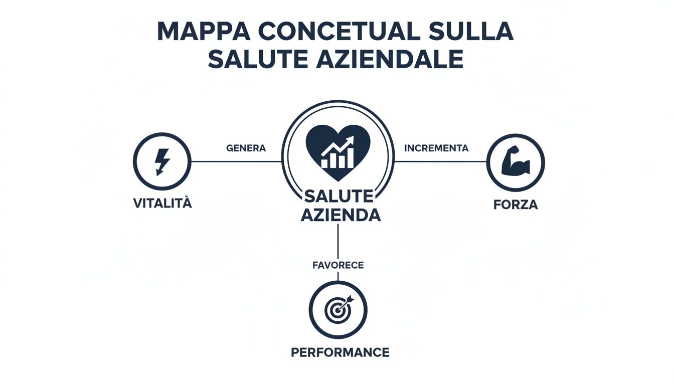 Carte conceptuelle sur la santé en entreprise montrant comment elle génère vitalité, augmente la force et favorise la performance.