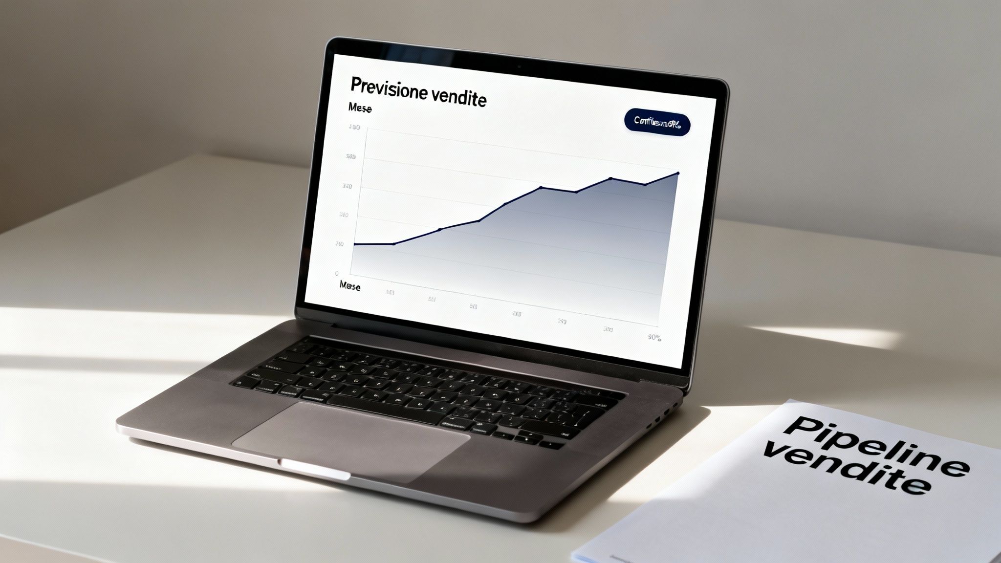 Laptop on desk with sales forecast chart and document titled "Sales Pipeline."