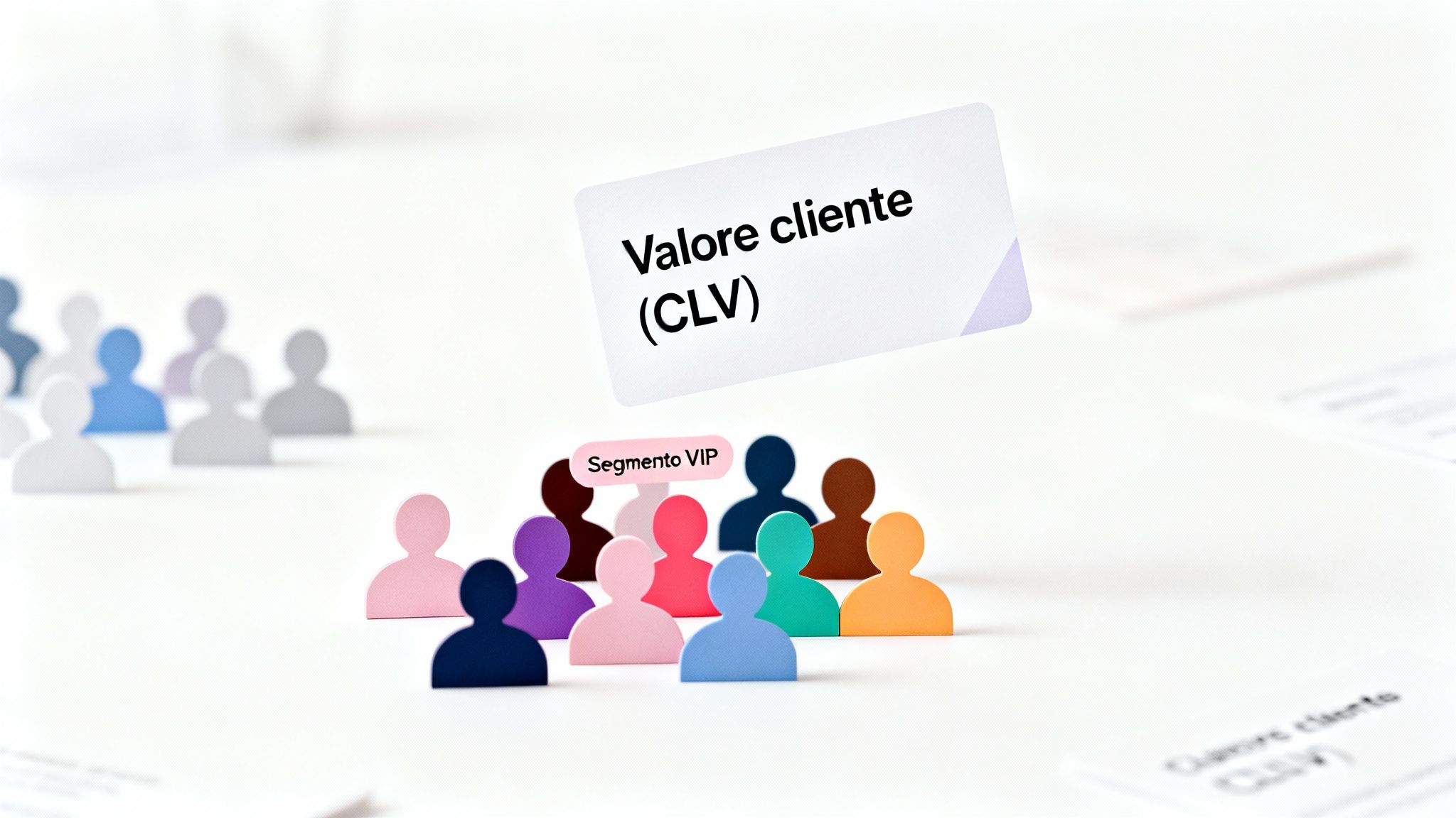 A card with 'Customer Value (CLV)' floats above a group of colored human silhouettes, highlighting a 'VIP Segment'.