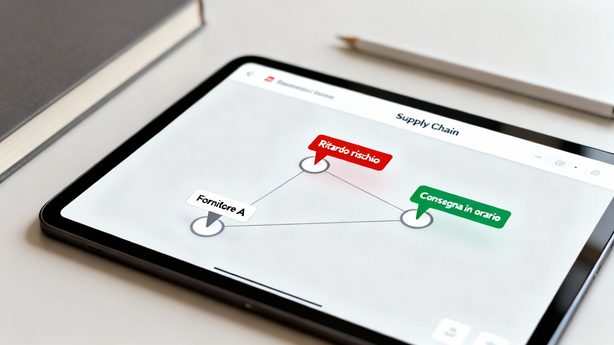 Tablet displays a supply chain diagram with nodes for supplier, risk of delay, and on-time delivery.