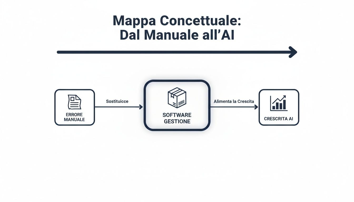 Mapa conceptual que ilustra la transición del error manual al crecimiento de la IA mediante software de gestión.