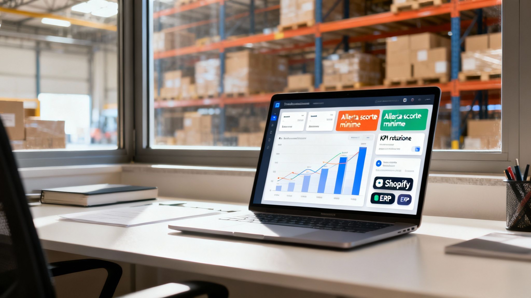 Ordenador portátil sobre una mesa mostrando un panel de control de gestión de almacén con gráficos, con un almacén al fondo.