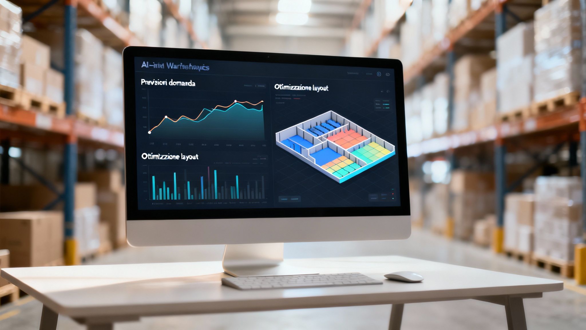 La pantalla de la computadora en el almacén muestra el panel de control de IA para la previsión de la demanda y la optimización del diseño.