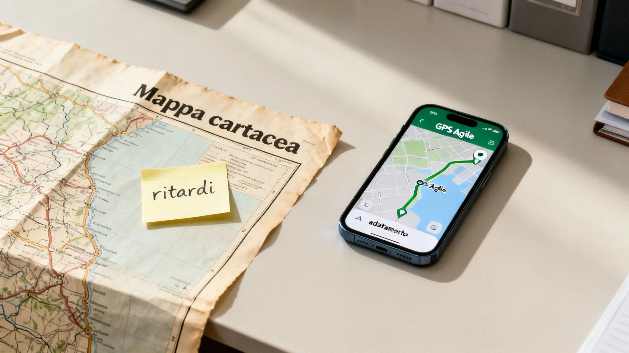 Papperskarta med en post-it-lapp med texten "förseningar" bredvid en smartphone som visar GPS-appen Agile med en rutt.
