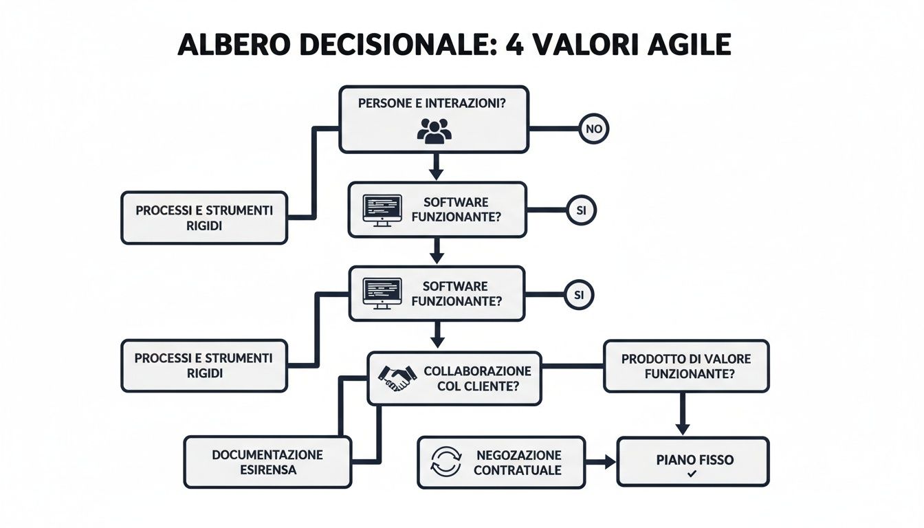 Agile decision tree illustrating the four core values and their interactions for project management.