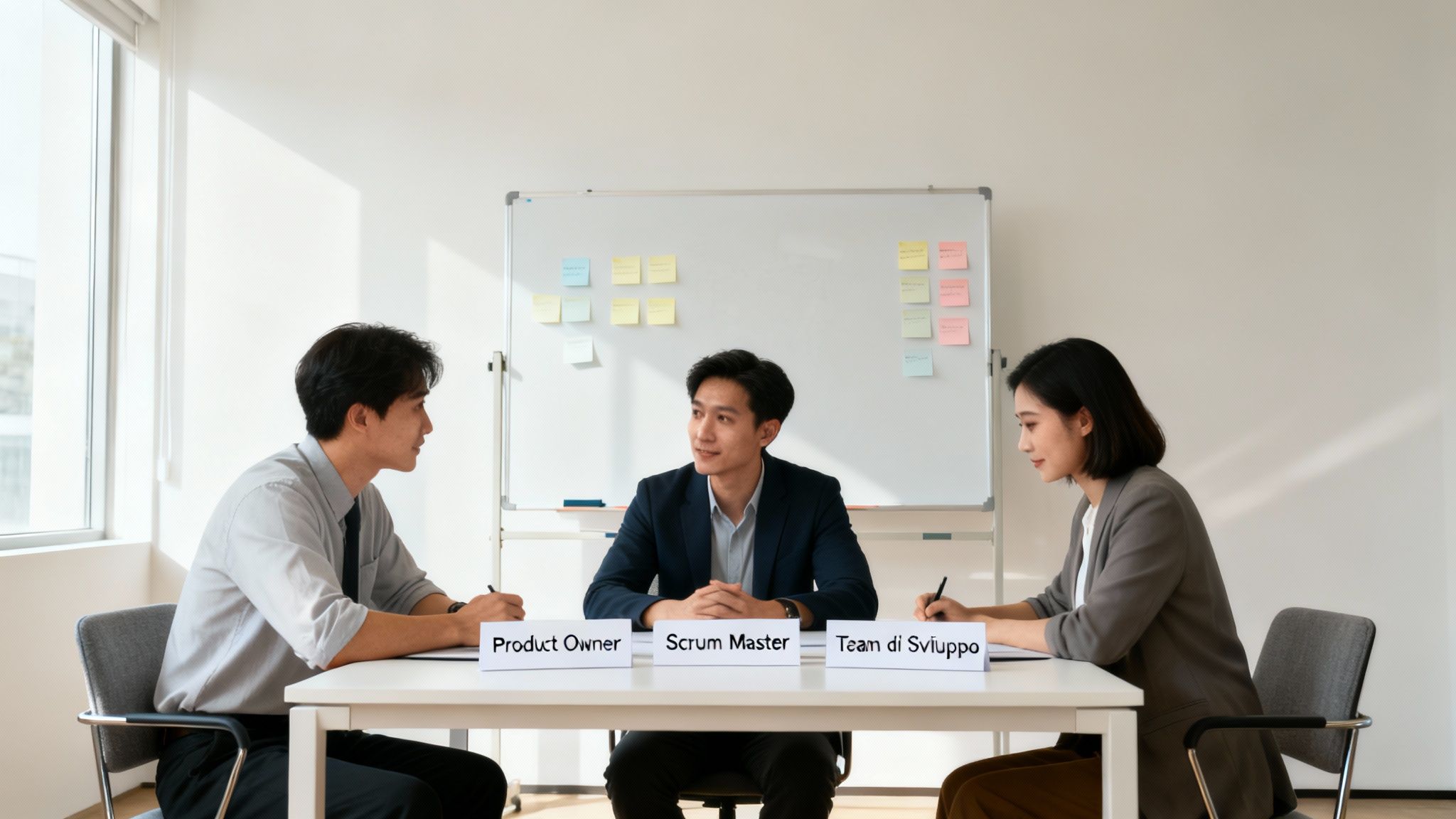 Three professionals sitting at a table with role labels: Product Owner, Scrum Master, and Development Team, during an Agile meeting.