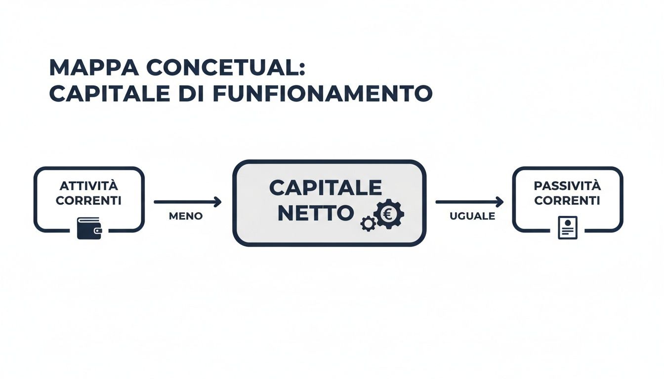Carte conceptuelle du fonds de roulement, illustrant le calcul entre les actifs courants, les capitaux propres et les passifs courants.