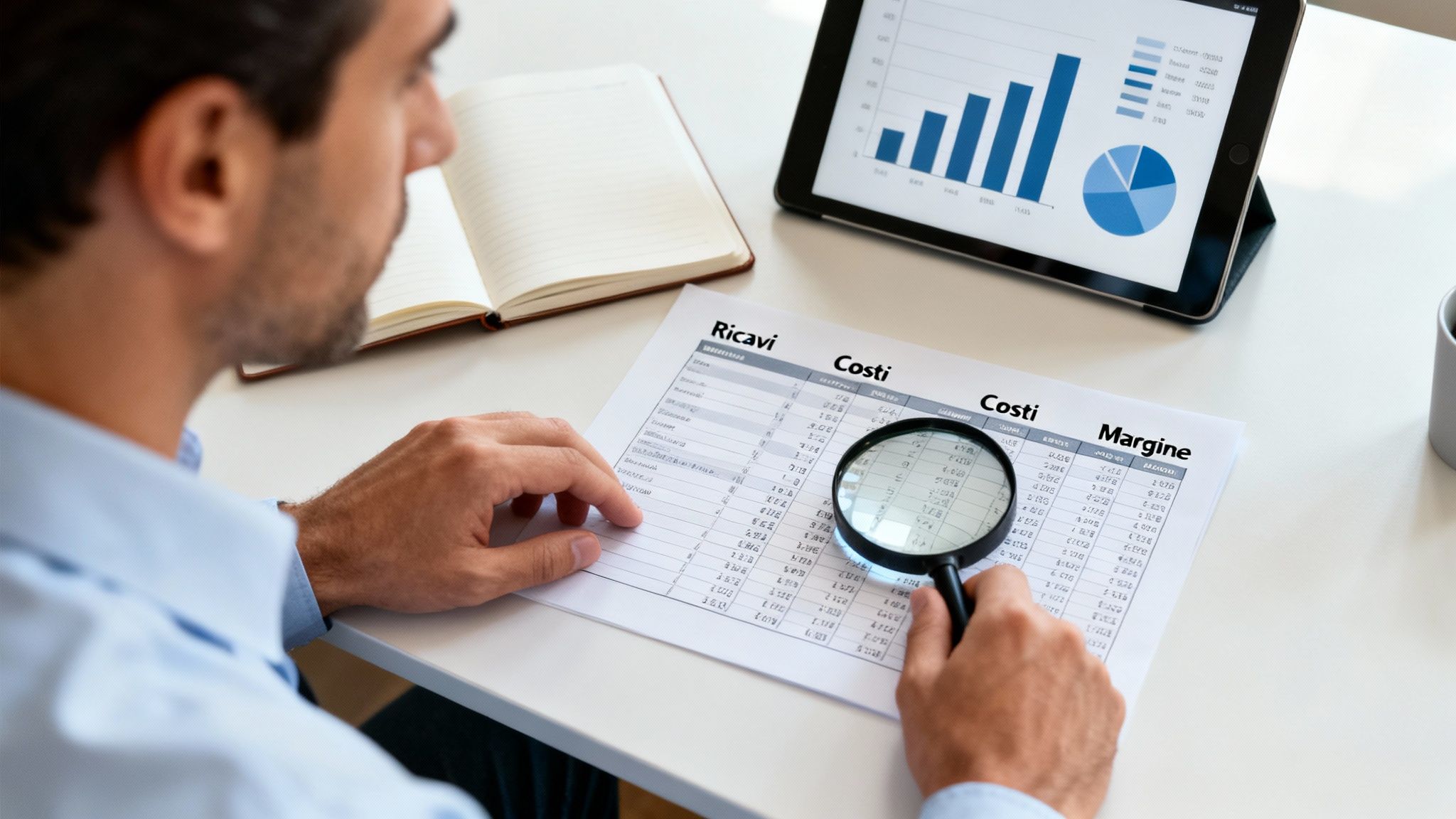 Man examines accounting documents with a magnifying glass, flanked by a tablet with financial charts.