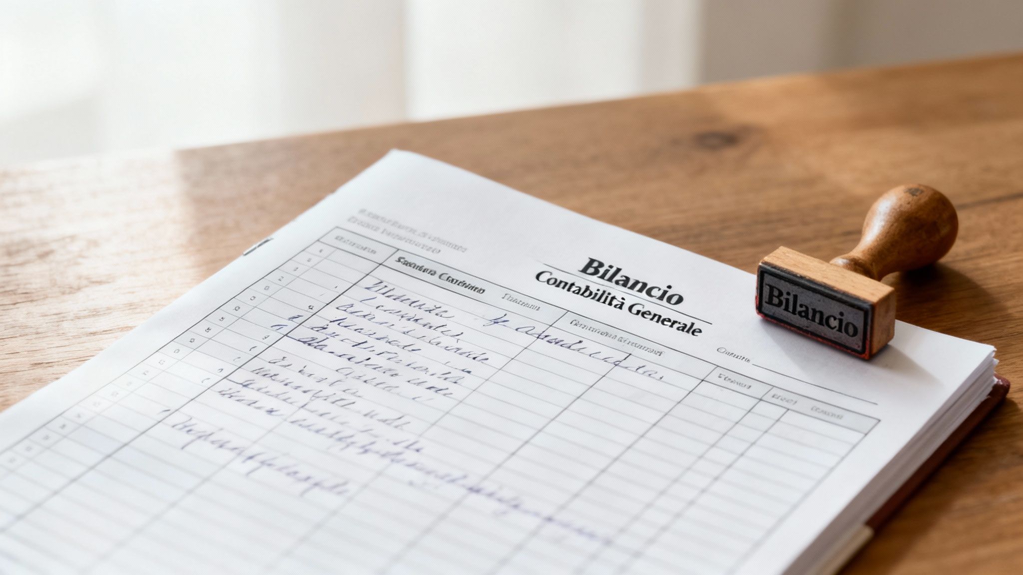 General accounting document with handwritten entries and a stamp with the word 'Balance Sheet' on a wooden table.