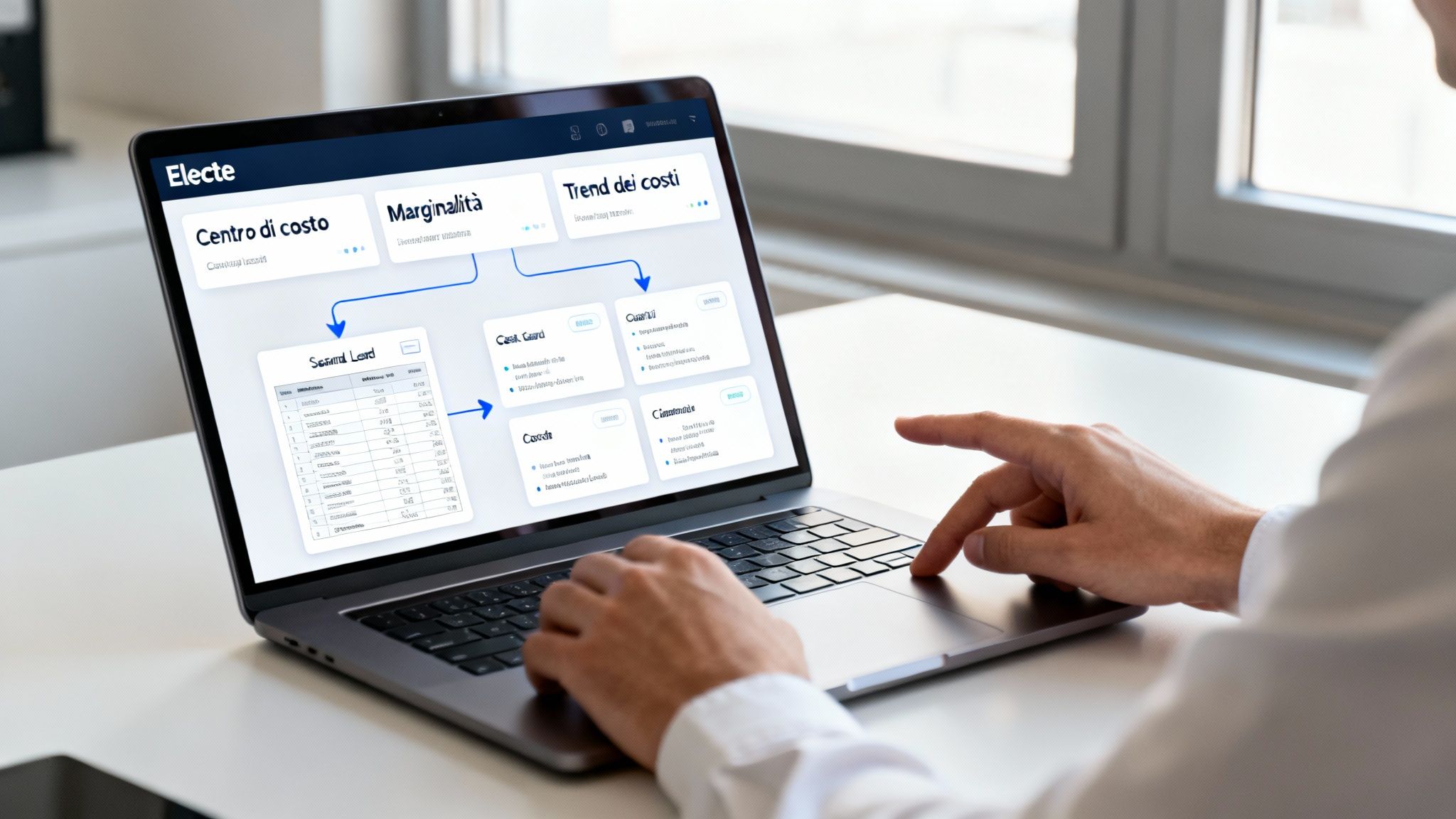 A person works on a laptop, viewing an Electe financial dashboard Electe cost center, margins, and cost trends.