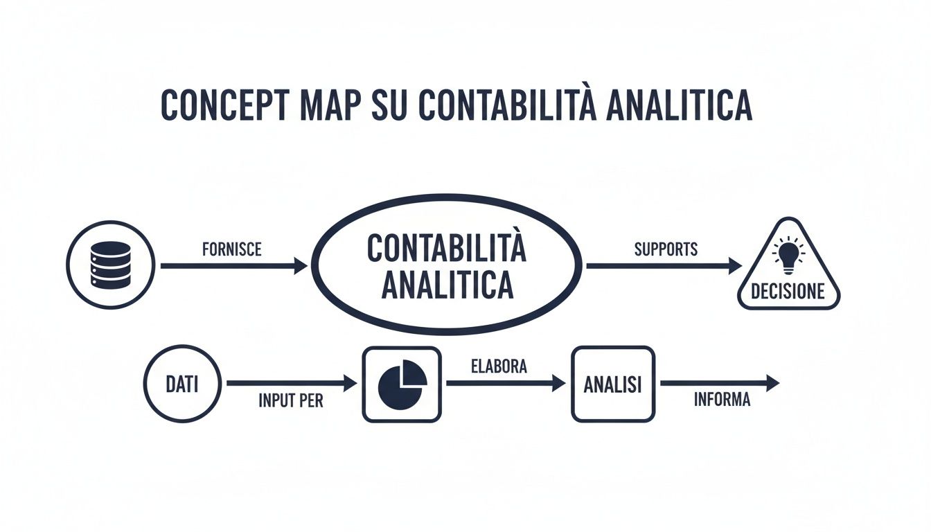 Concept map on cost accounting illustrating data flow, analysis, and decision support.