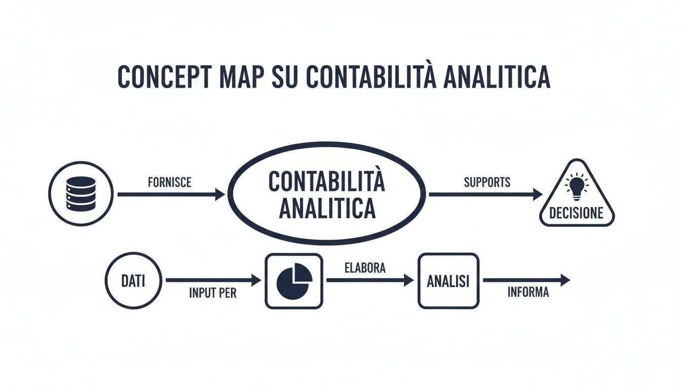 Mappa concettuale sulla contabilità analitica che illustra il flusso di dati, analisi e supporto alle decisioni.