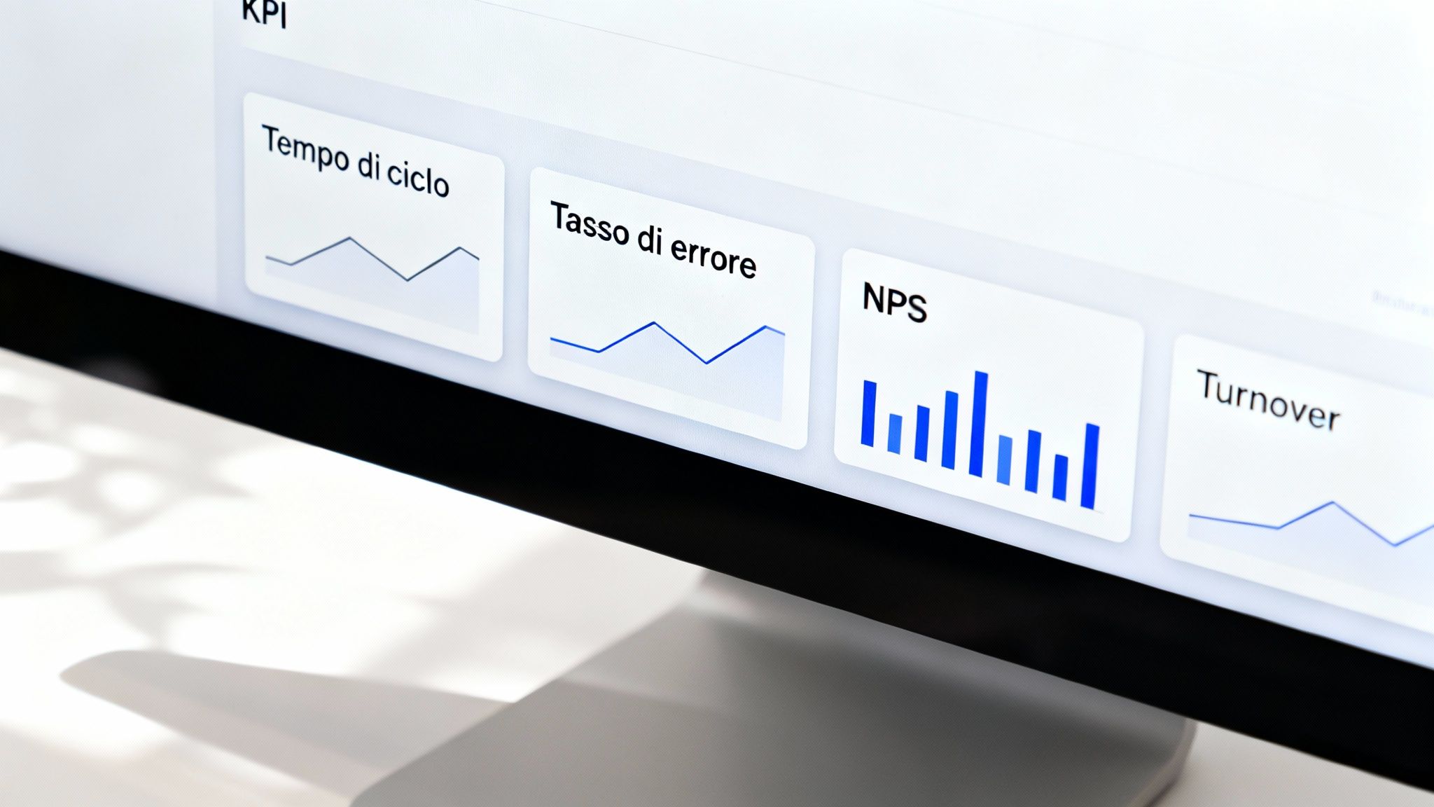 Gros plan sur un écran d'ordinateur avec un tableau de bord affichant des indicateurs clés de performance tels que le temps de cycle, le taux d'erreur et le NPS, pour le contrôle qualité.