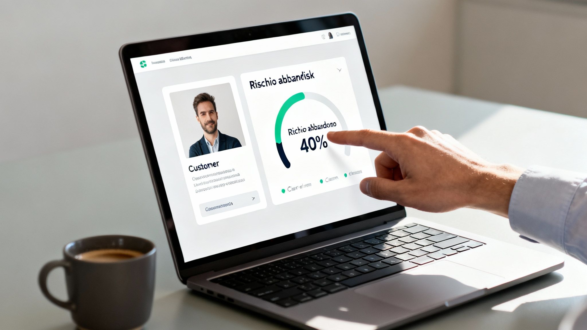 Ręka wskazująca 40% ryzyko porzucenia na laptopie, z profilem klienta i filiżanką kawy.