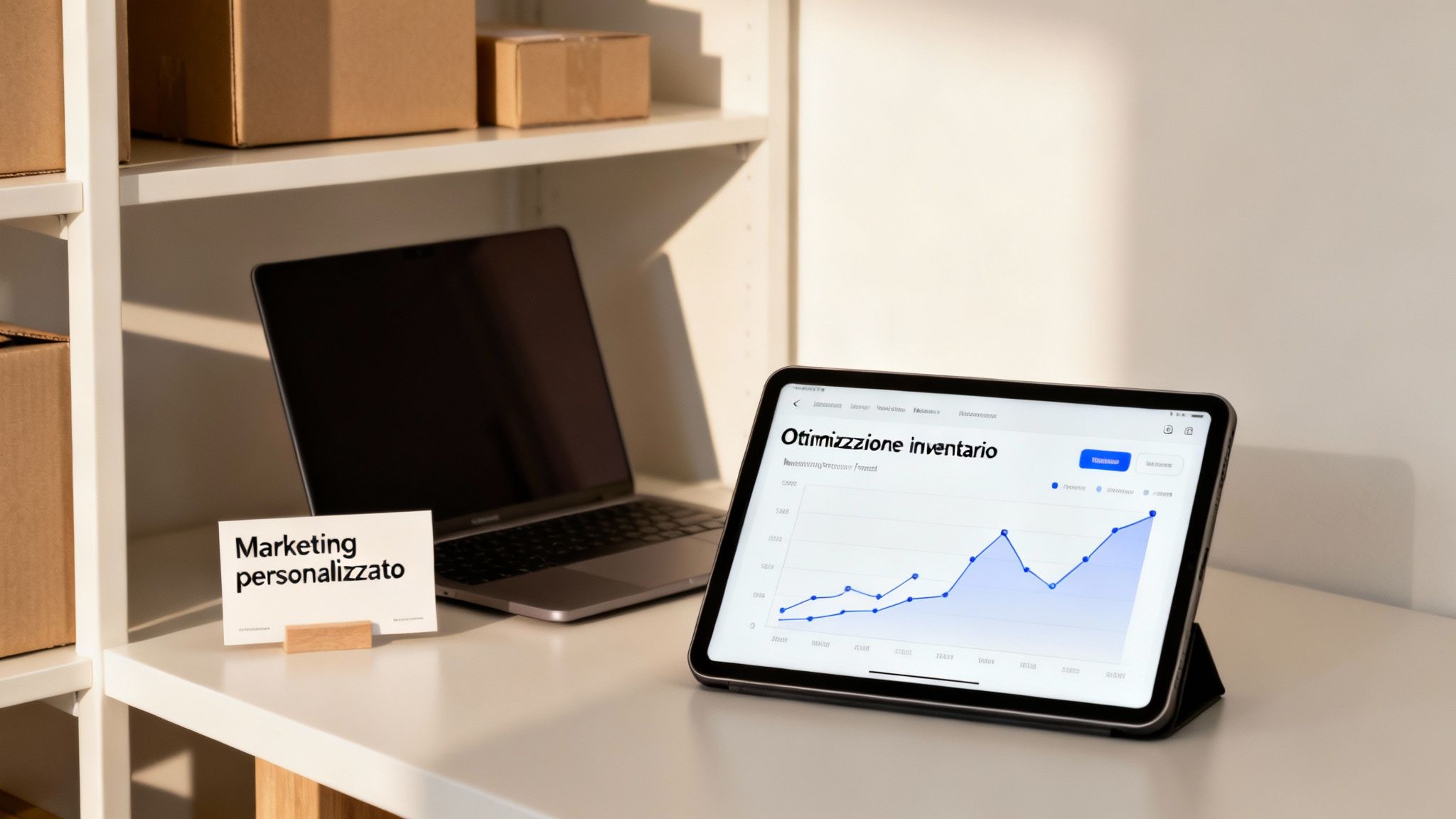 Modern office with laptop, tablet displaying an inventory optimization chart, and a sign reading "Personalized Marketing."