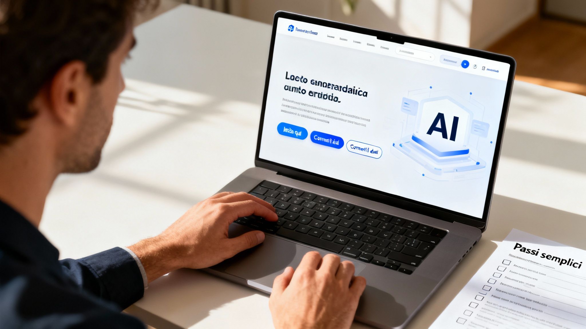 A person types on a laptop displaying a website about artificial intelligence and a checklist.