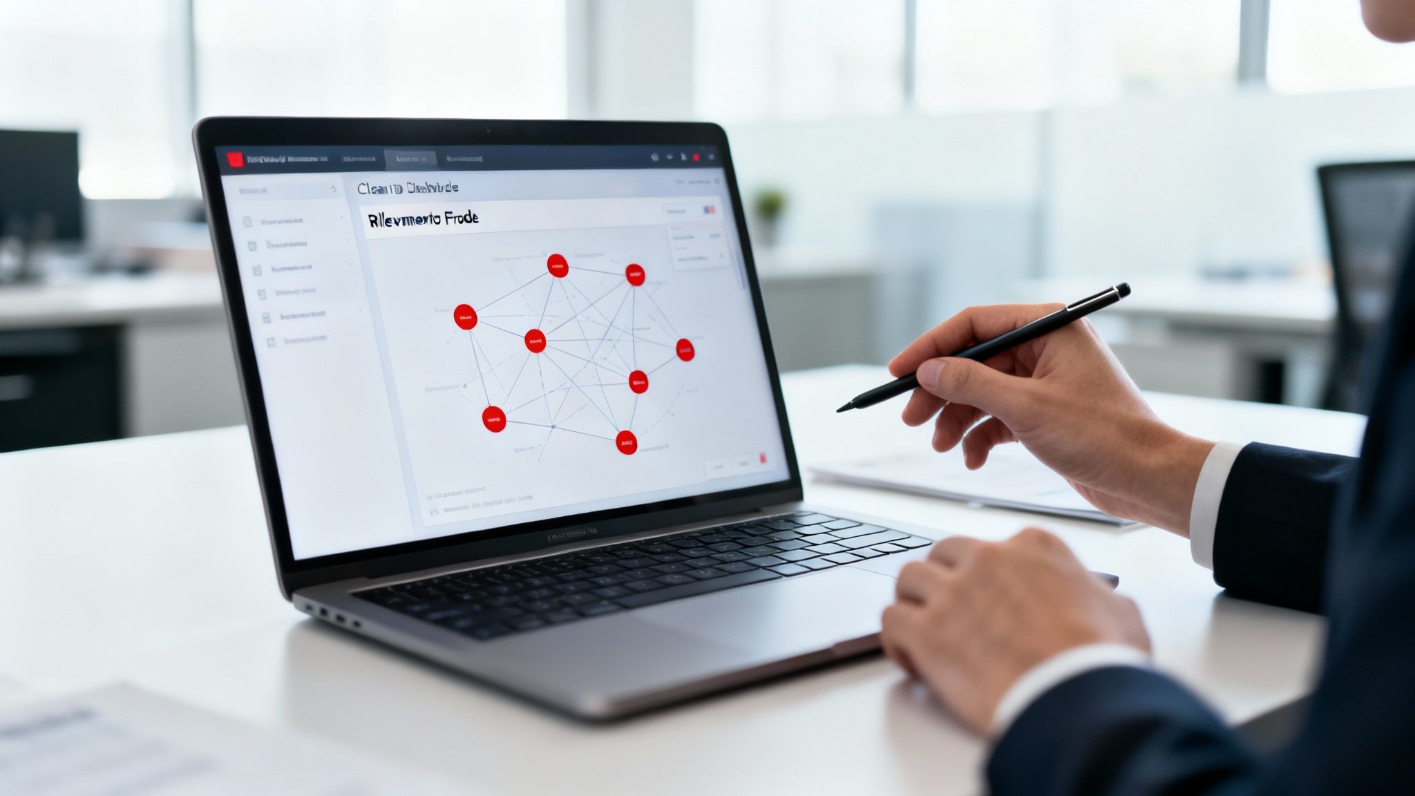 Bir kişi modern bir ofiste dizüstü bilgisayarda çalışırken, dolandırıcılık tespiti için bir ağ grafiği görüntülüyor.