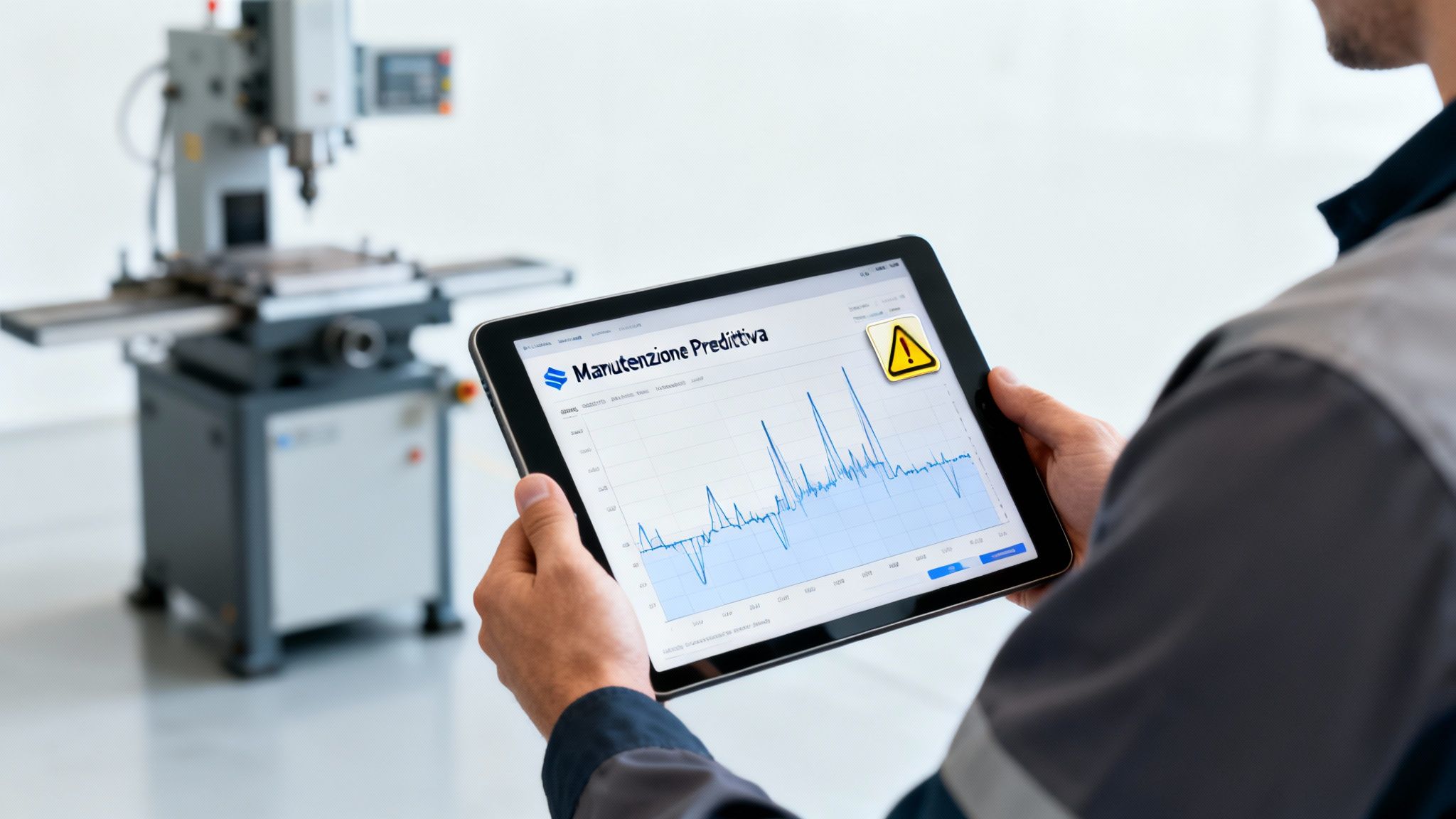 Bir teknisyen, endüstriyel bir CNC makinesinde bir uyarı gösteren, öngörücü bakım grafiği içeren bir tableti inceler.