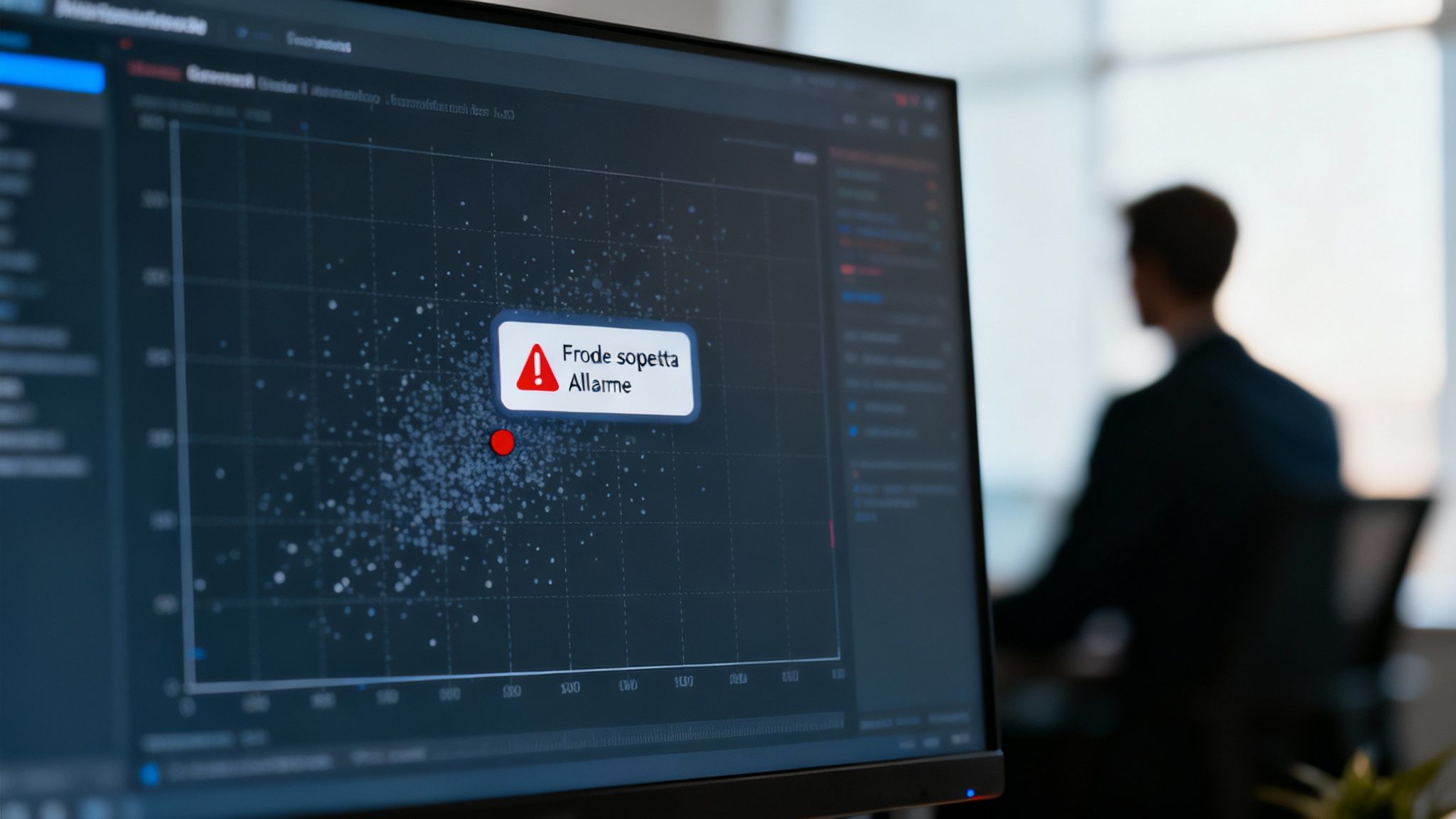 Screen displays data analysis with 'Suspected Fraud' alert, red dot highlighted. Blurred person in office in the background.