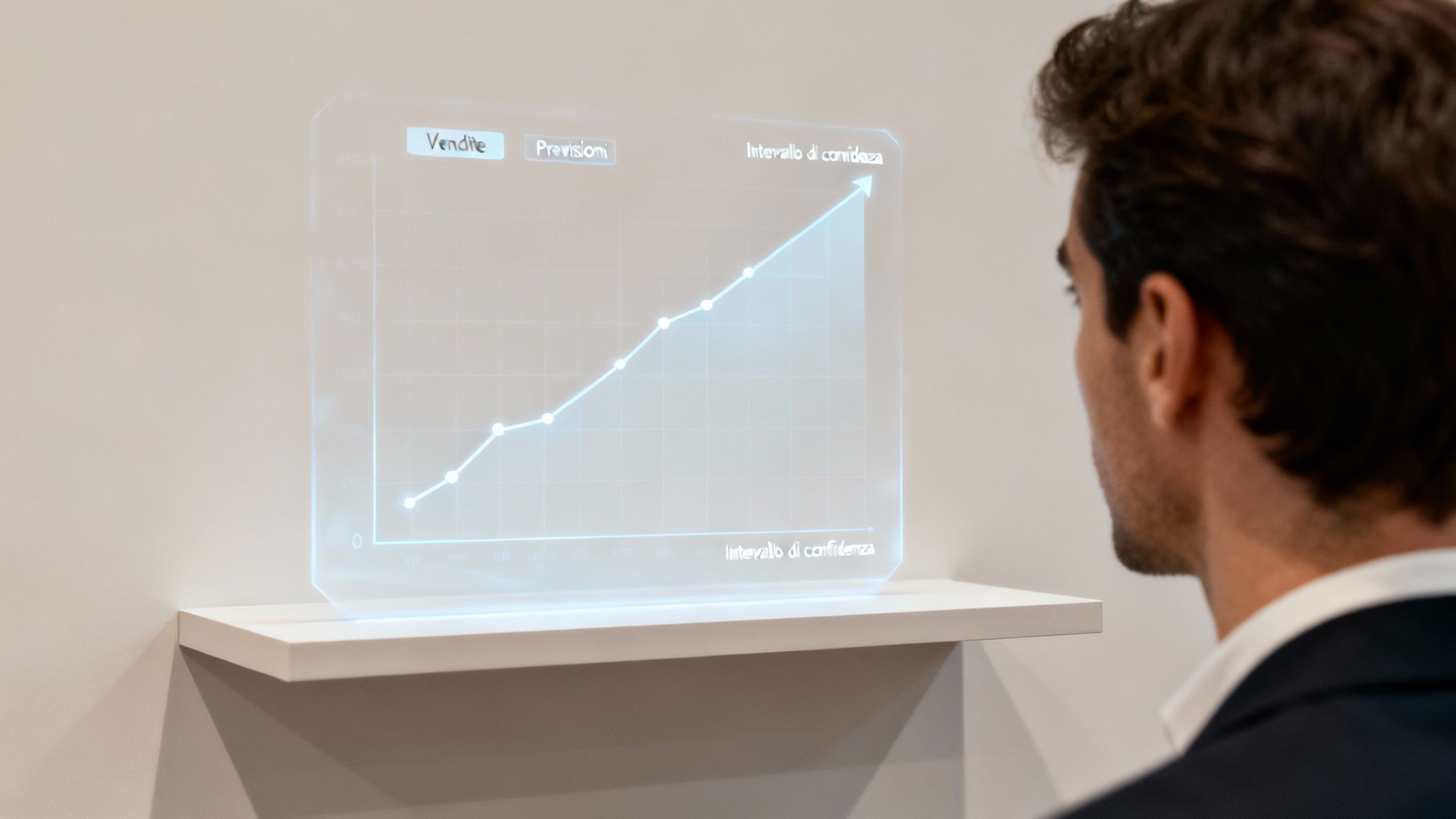 Businessman looks at a holographic chart with sales data and forecasts on a white shelf.