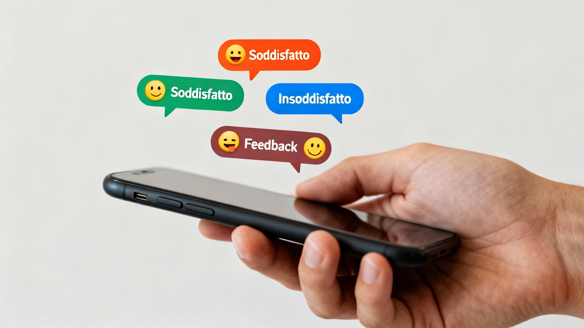 Hand holding a smartphone, with text bubbles depicting satisfaction, dissatisfaction, and feedback.